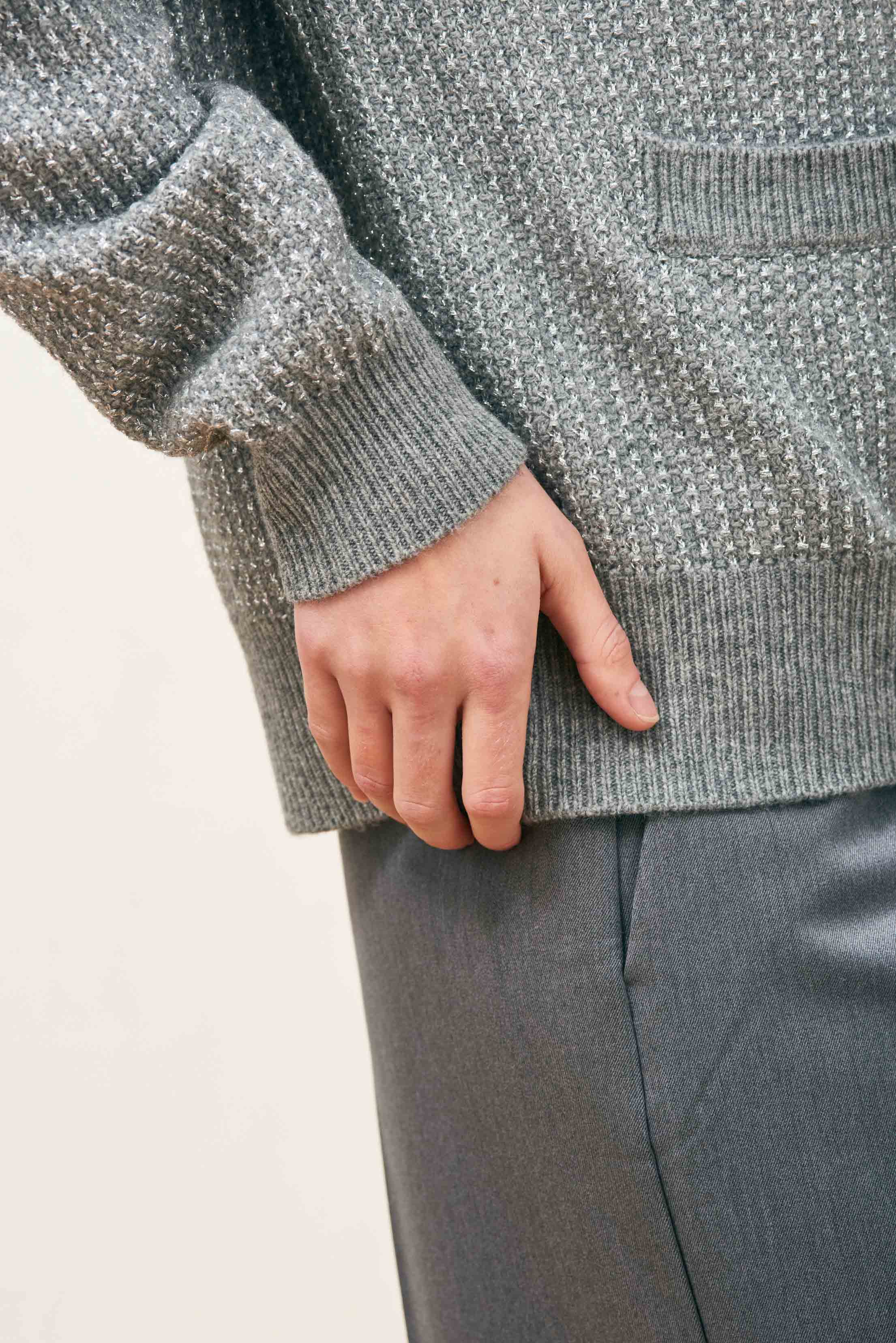 Cashmere Wool Lurex Birdseye Cardigan in Mid Grey and Silver - Image 3