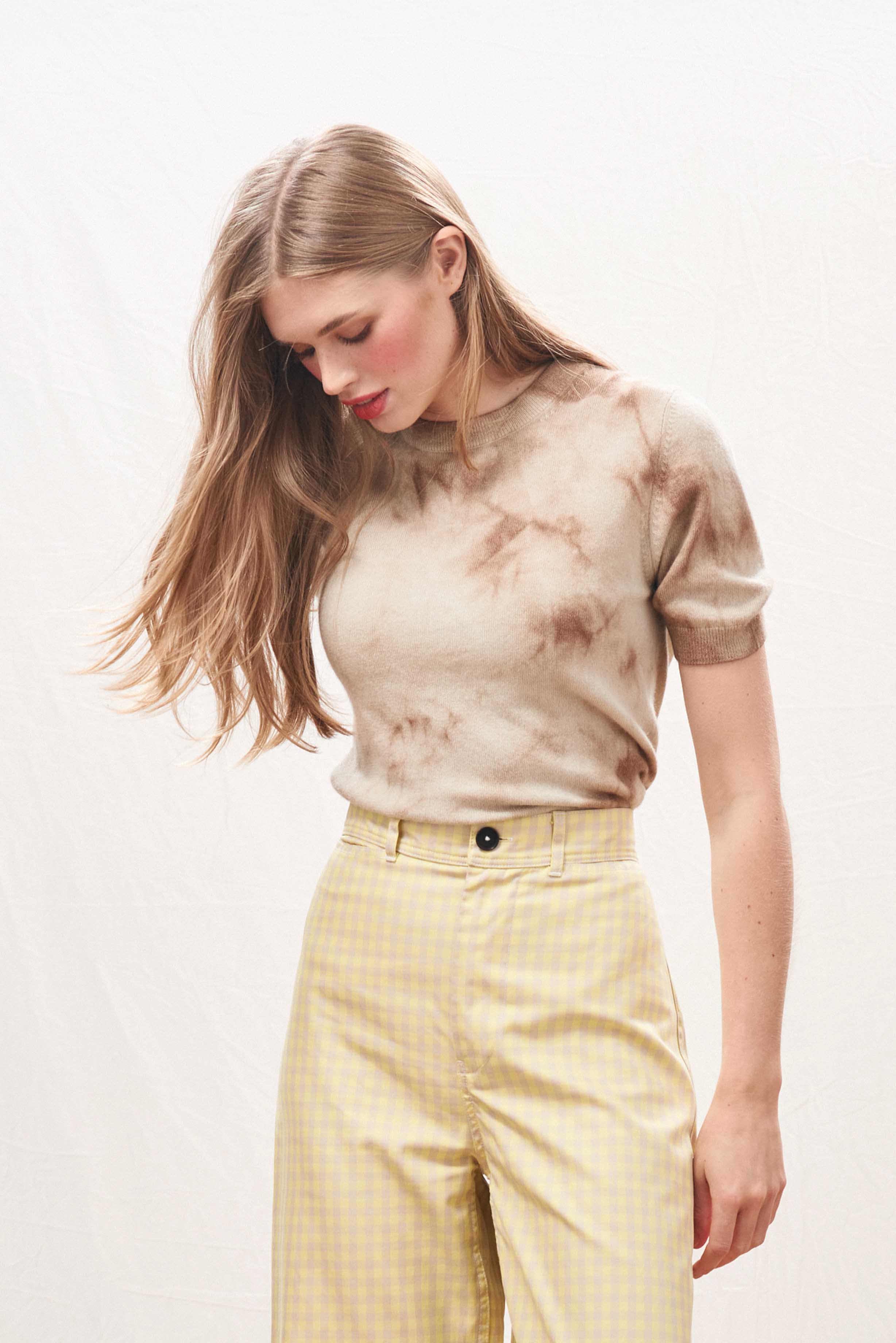 Cashmere Batik Short Sleeve Crew in Camel - Image 3