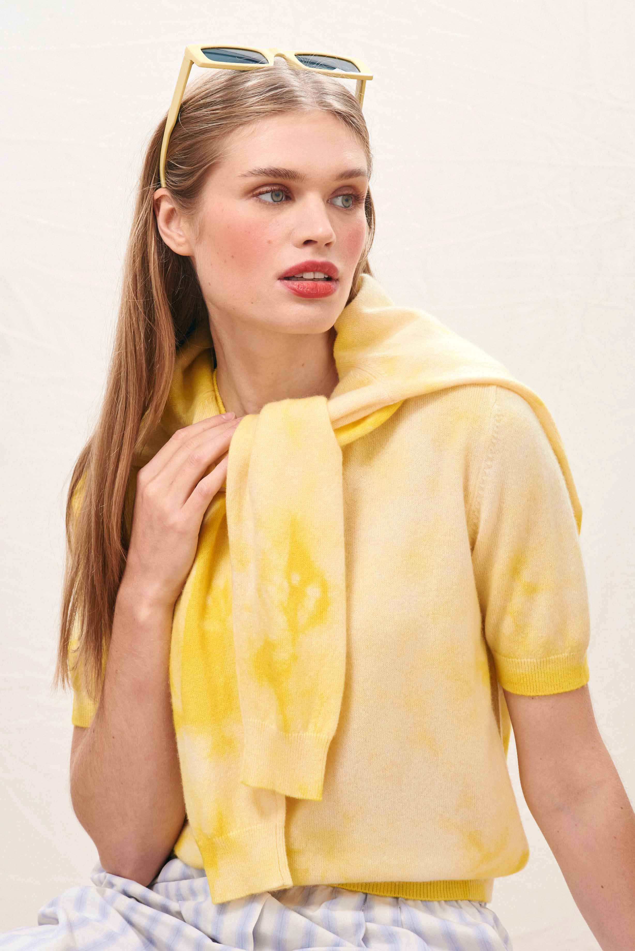 Cashmere Batik Short Sleeve Crew in Yellow - Image 2