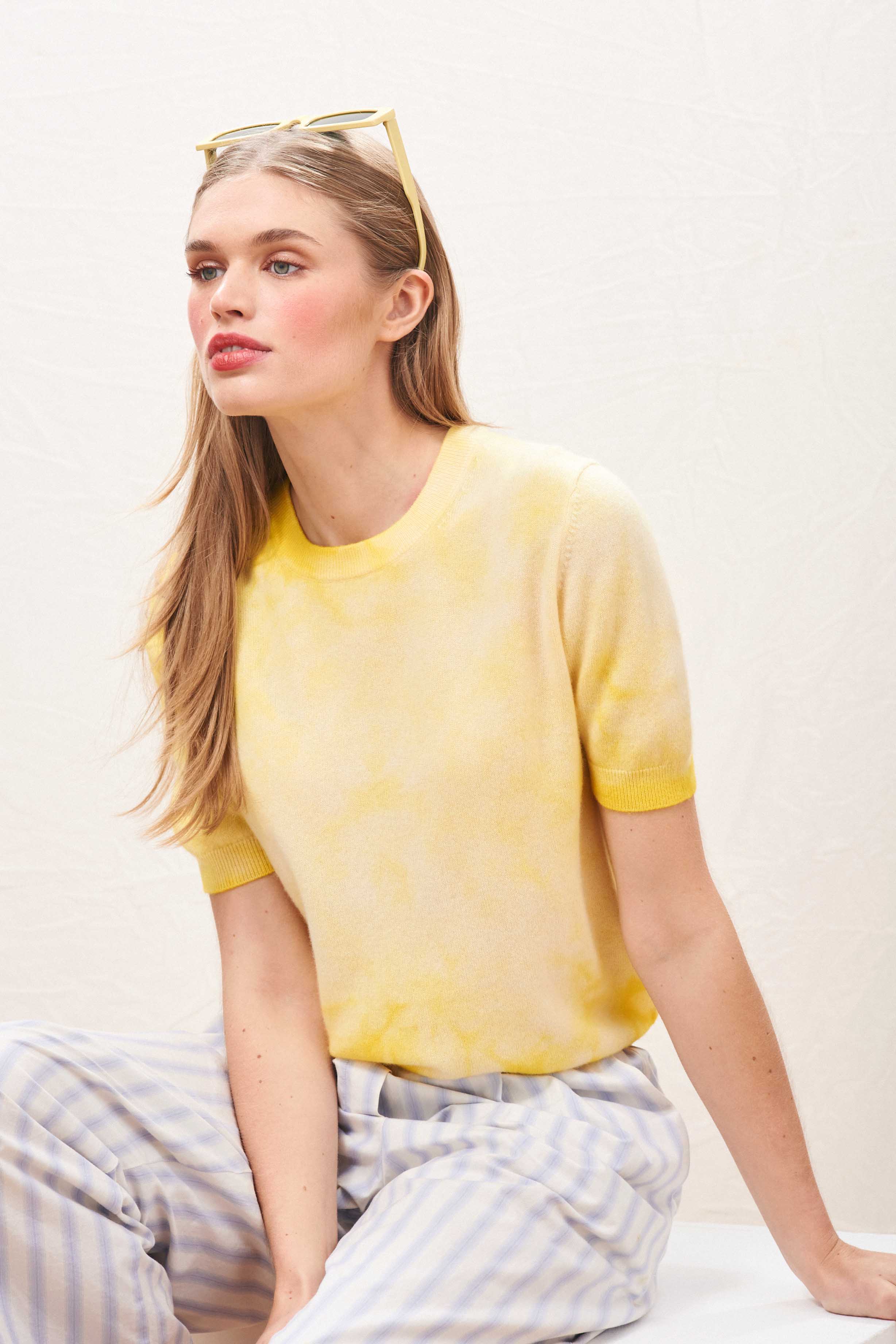 Cashmere Batik Short Sleeve Crew in Yellow - Image 3