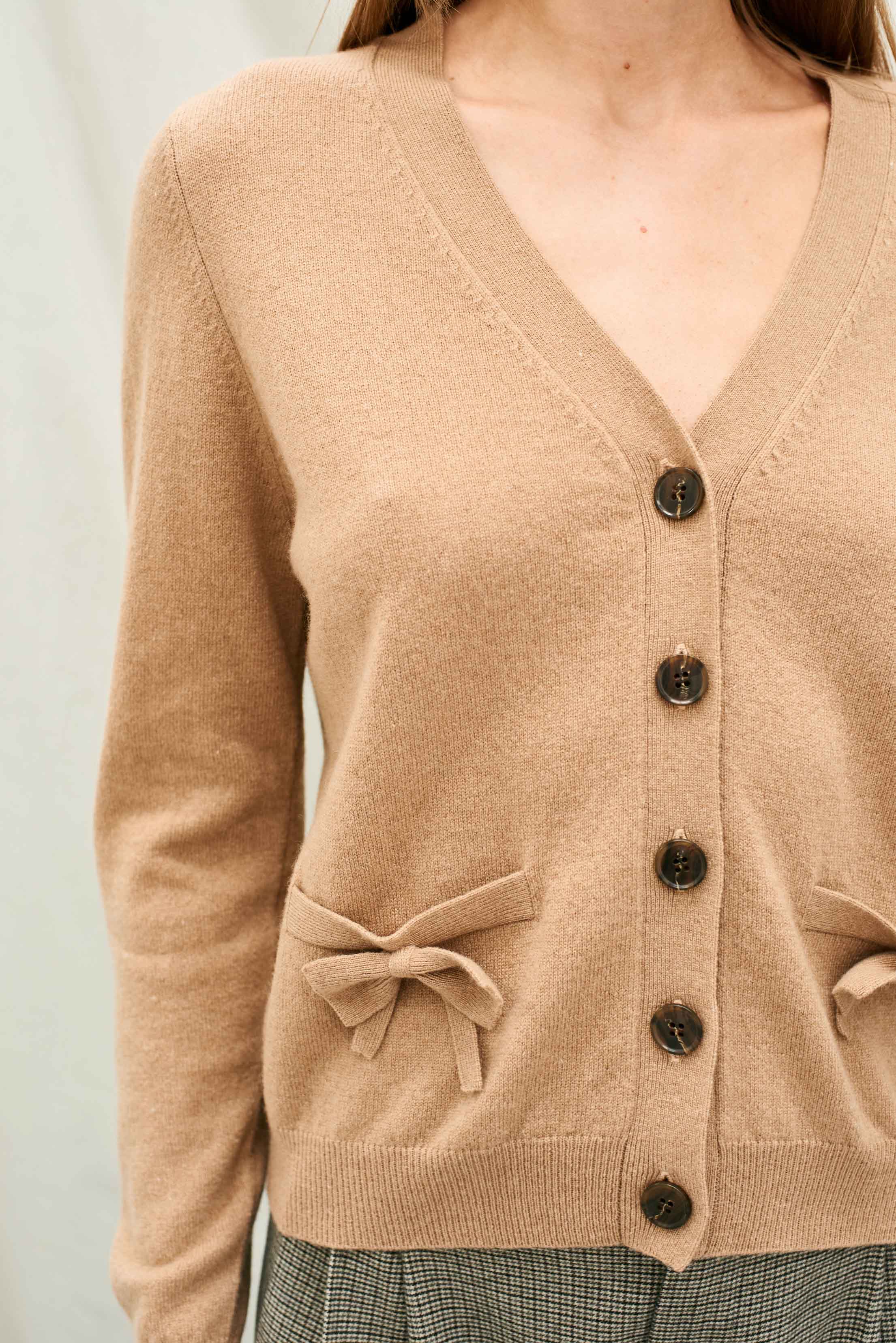 Cashmere Bow Pocket Cardigan in Camel - Image 3