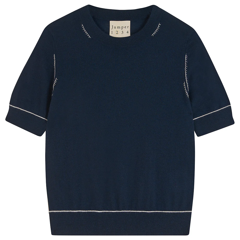 Cashmere Contrast Stitch T Shirt in Navy