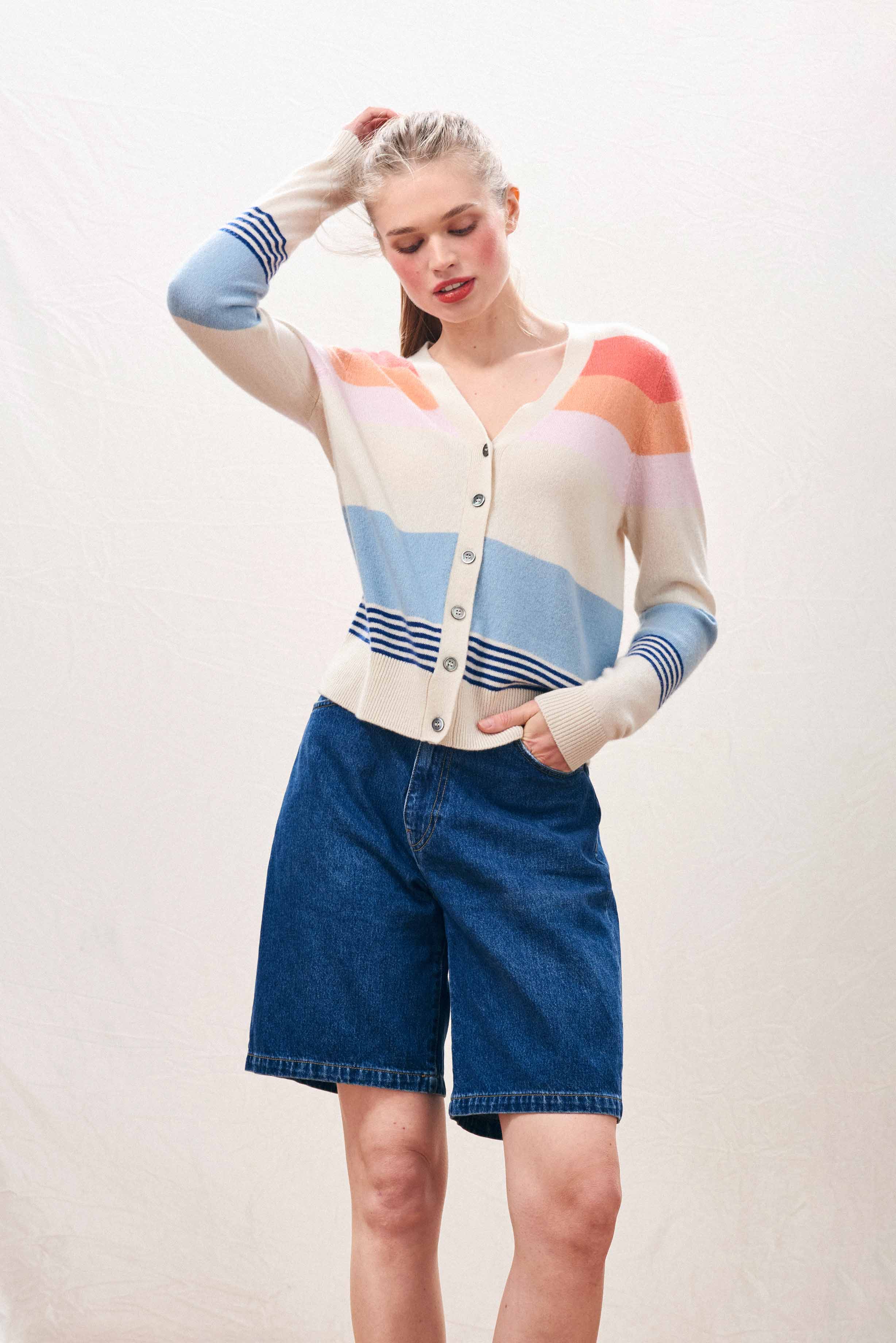 Cashmere Deckchair Stripe Cardigan in Oatmeal - Image 2