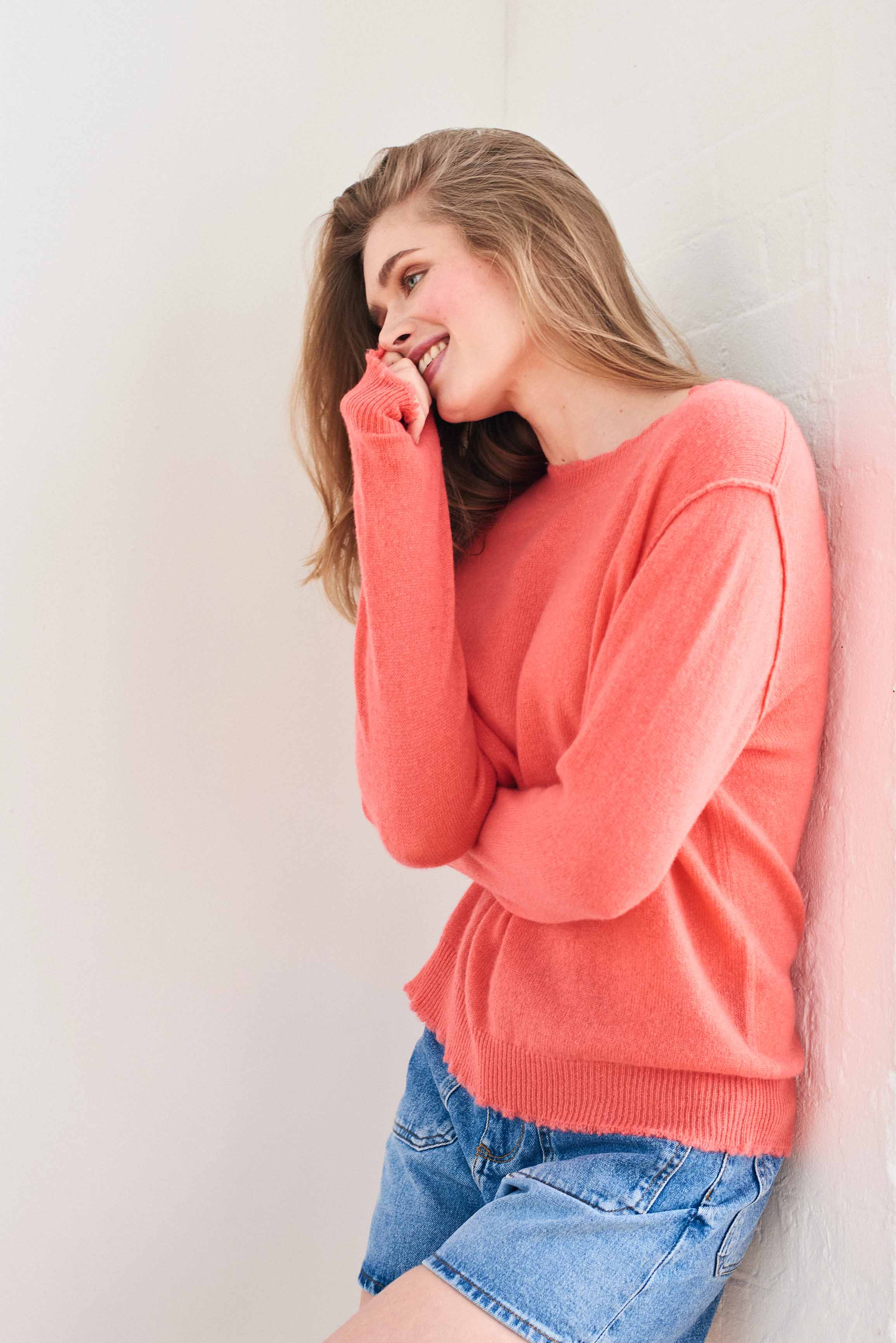 Cashmere Distressed Crew in Coral - Image 3