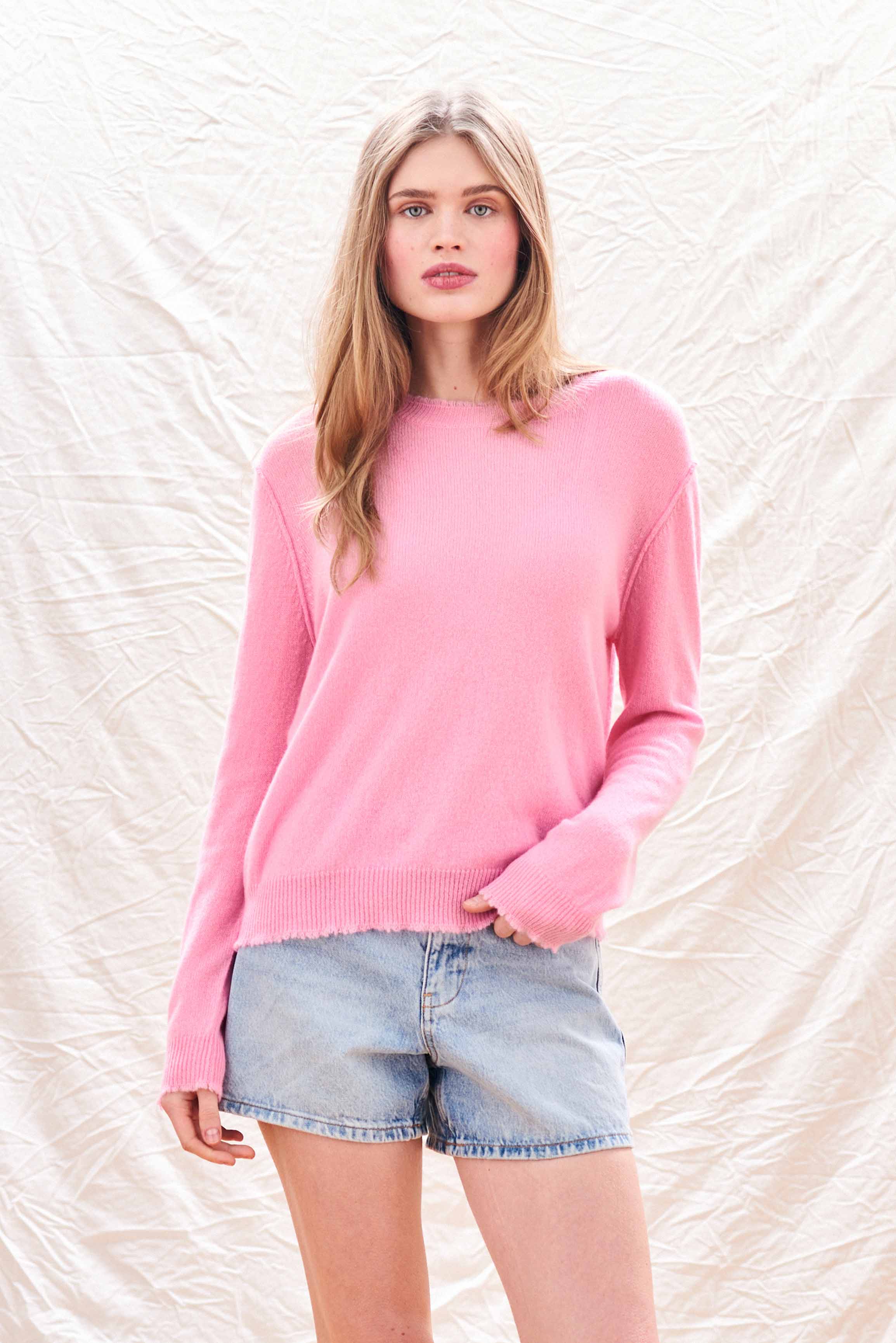 Cashmere Distressed Crew in Pink - Image 2