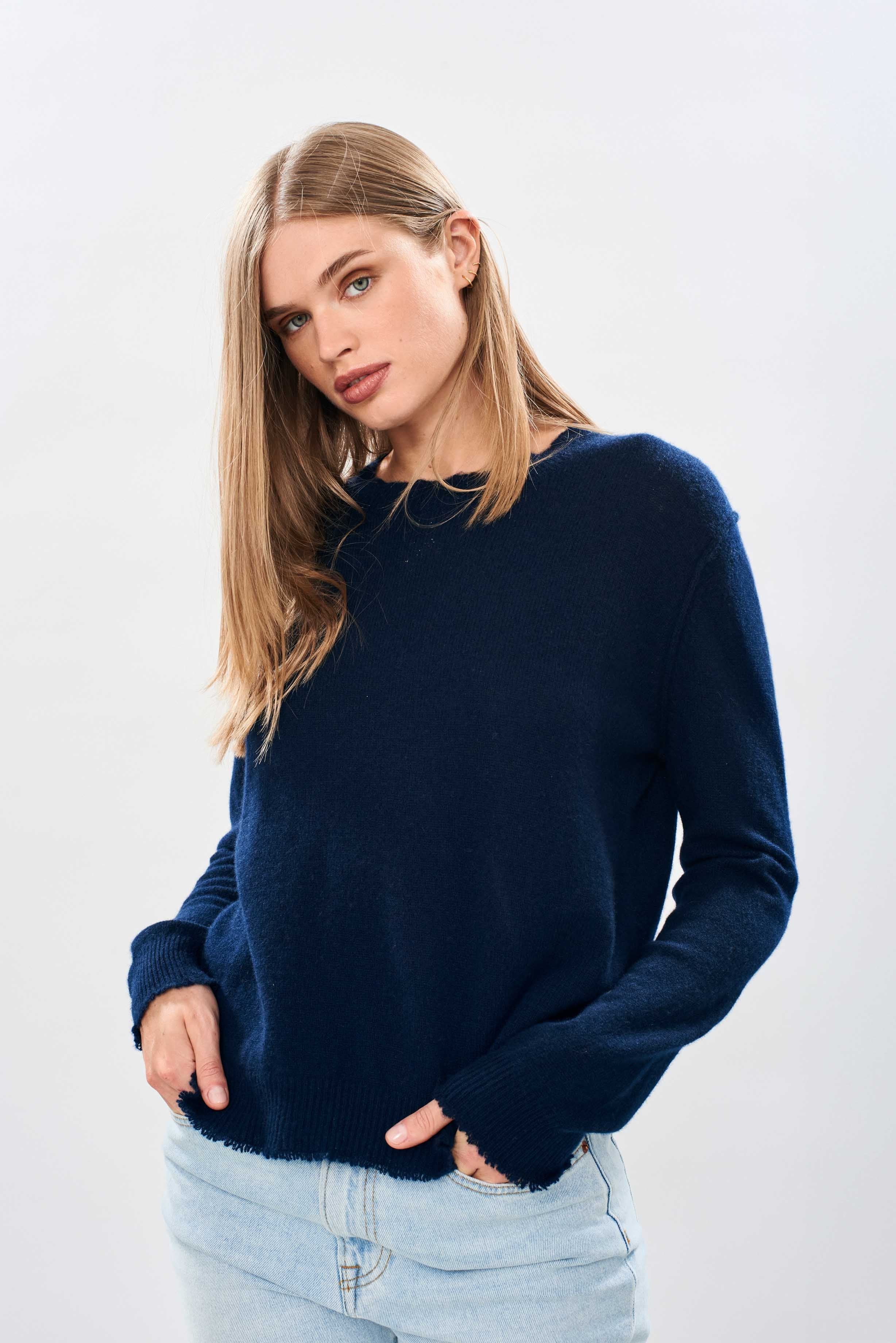 Cashmere Distressed Crew in Navy - Image 2