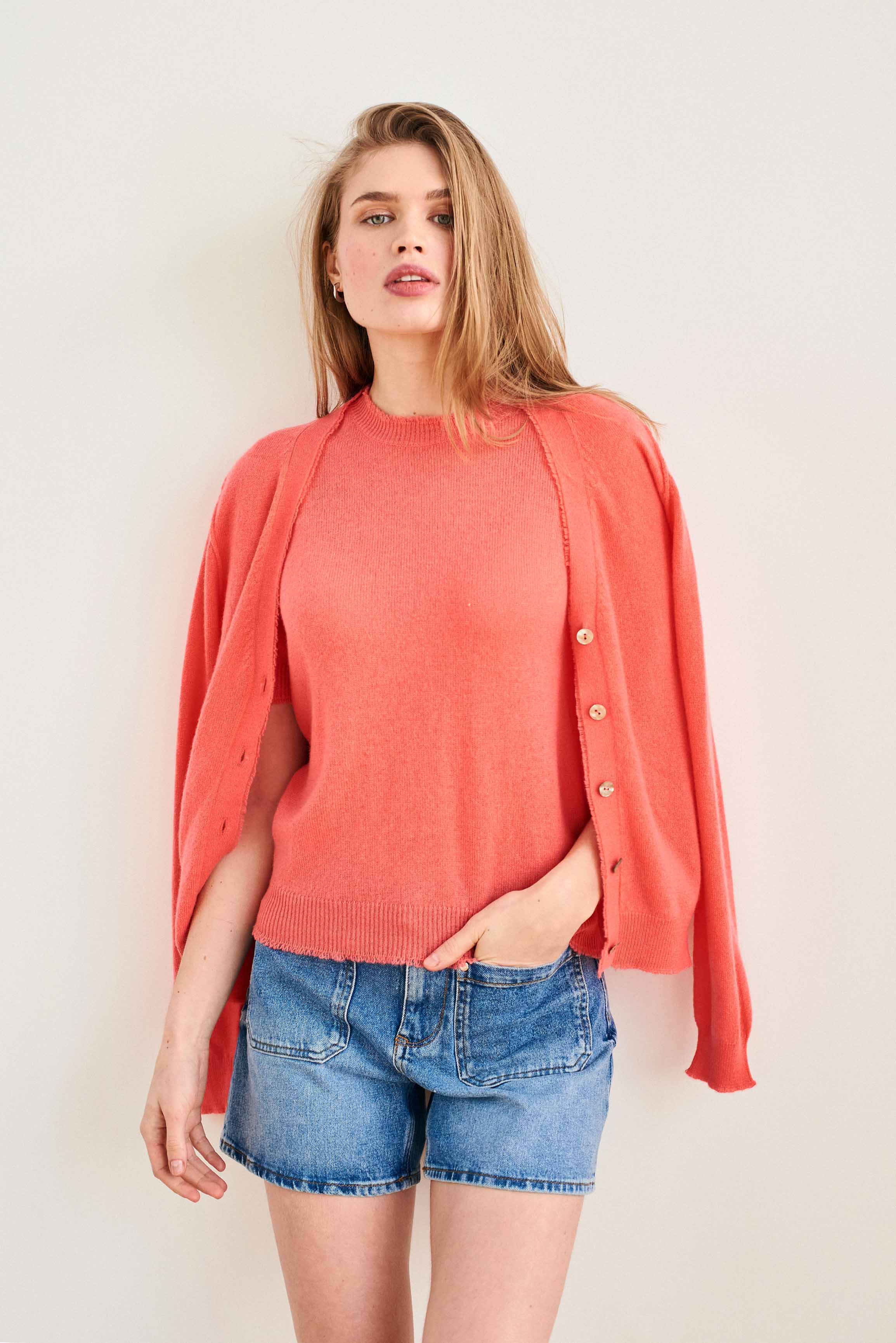 Cashmere Distressed T Shirt in Coral - Image 5