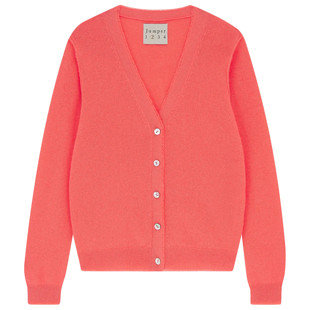 Cashmere Distressed Vee Cardigan in Coral