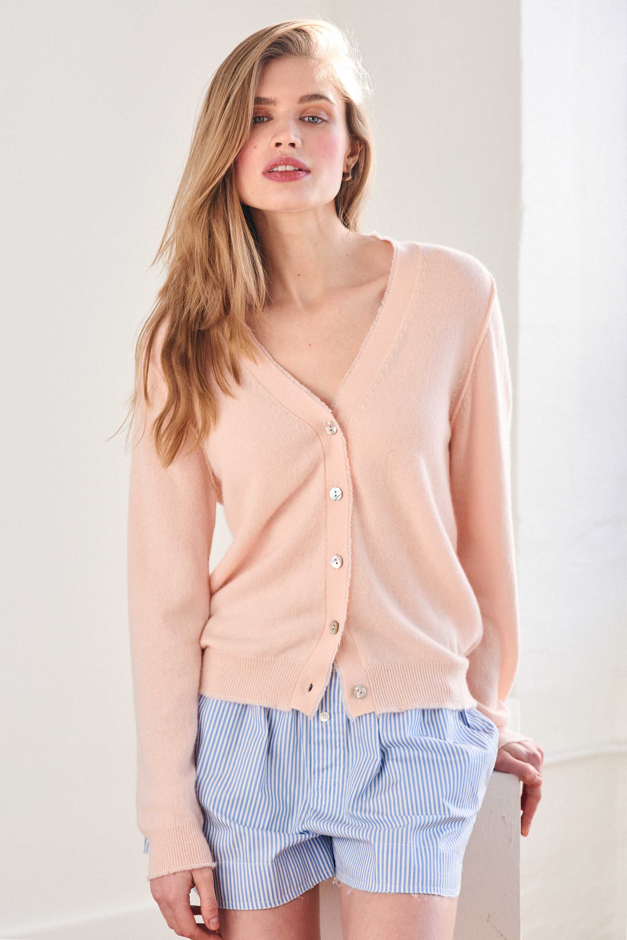 Cashmere Distressed Vee Cardigan in Pale Pink - Image 3