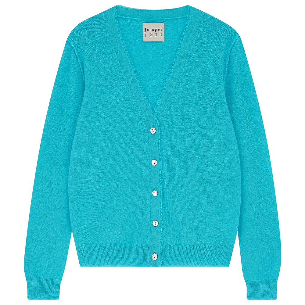 Cashmere Distressed Vee Cardigan in Turquoise