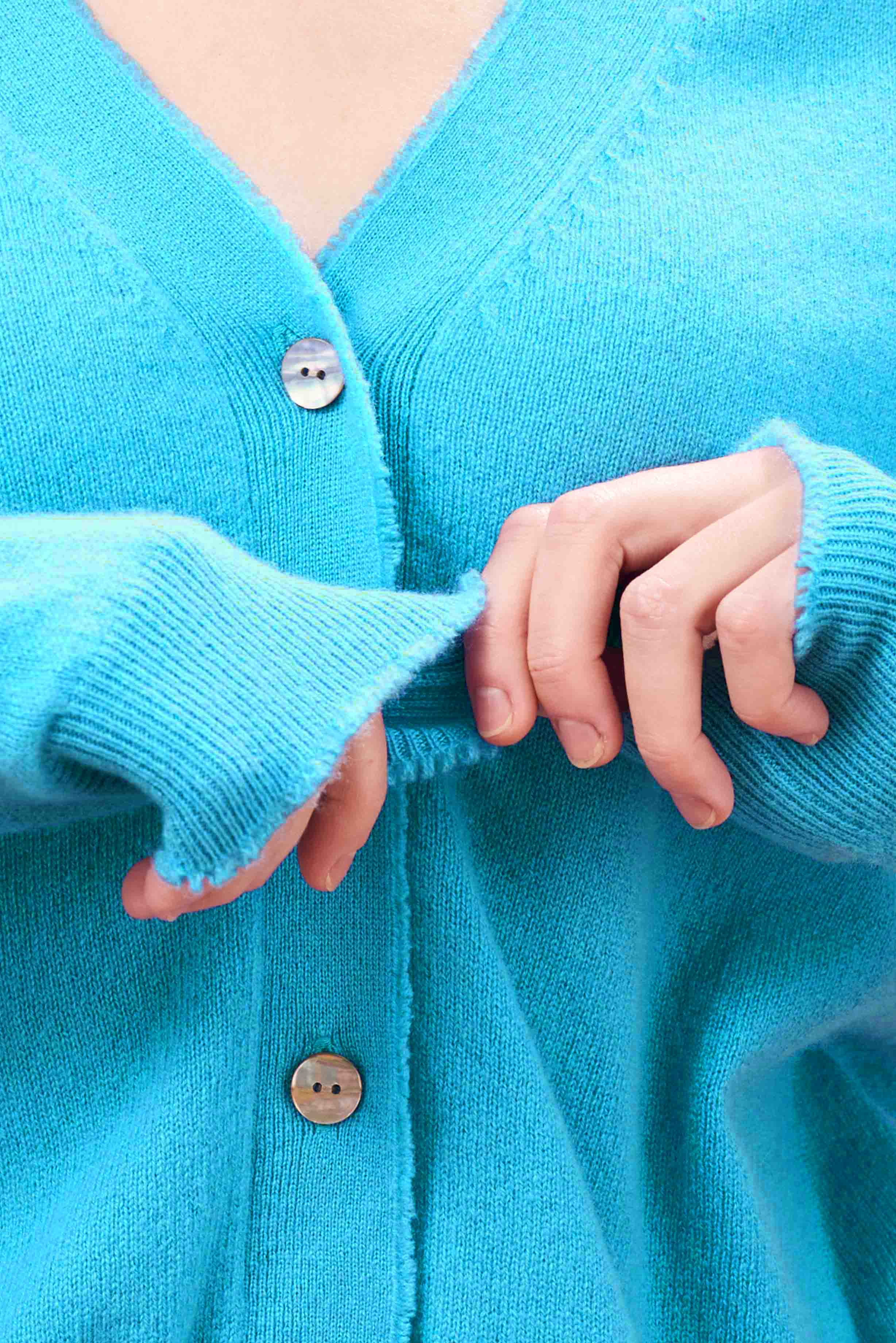 Cashmere Distressed Vee Cardigan in Turquoise - Image 3