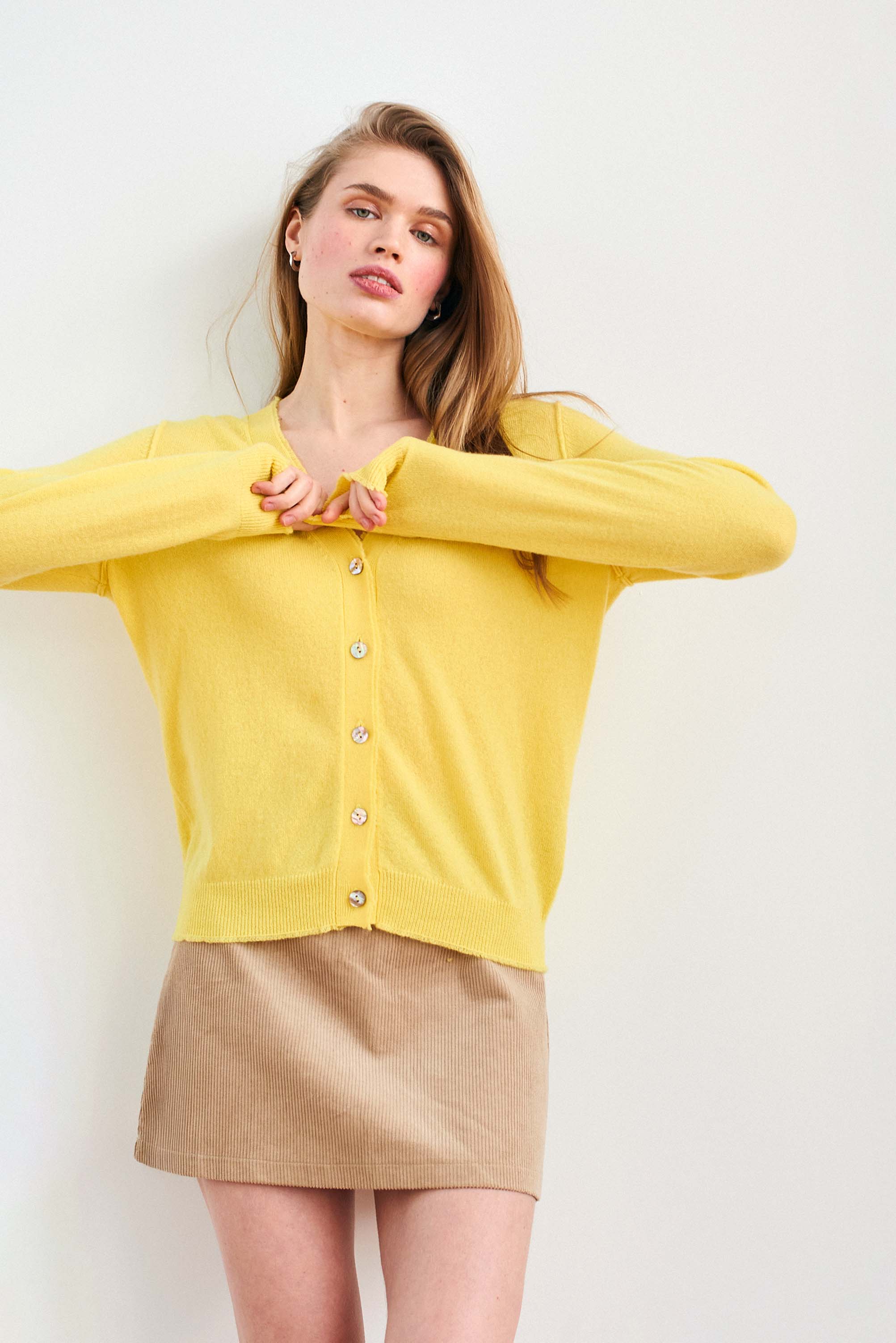 Cashmere Distressed Vee Cardigan in Yellow - Image 2