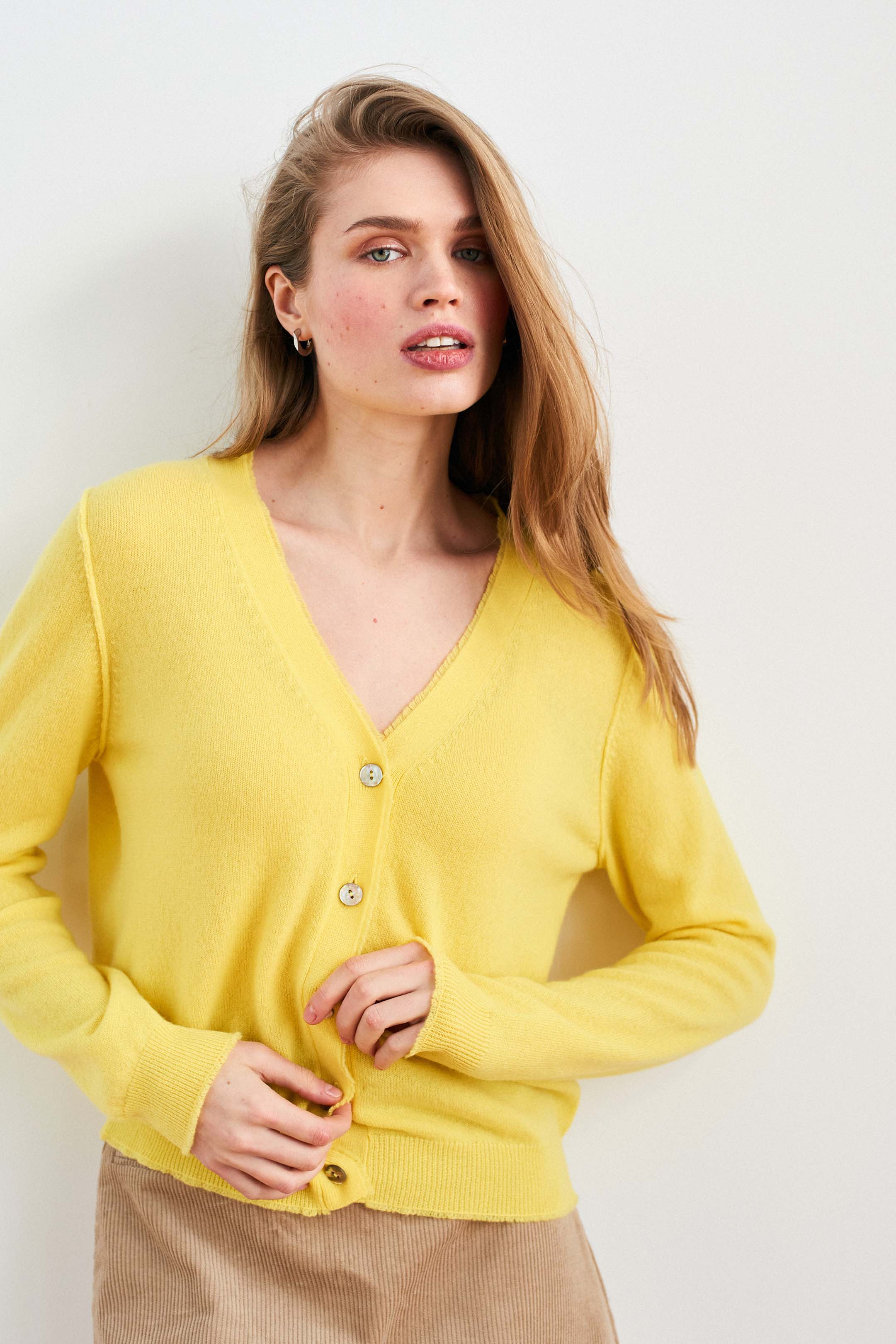 Cashmere Distressed Vee Cardigan in Yellow - Image 3