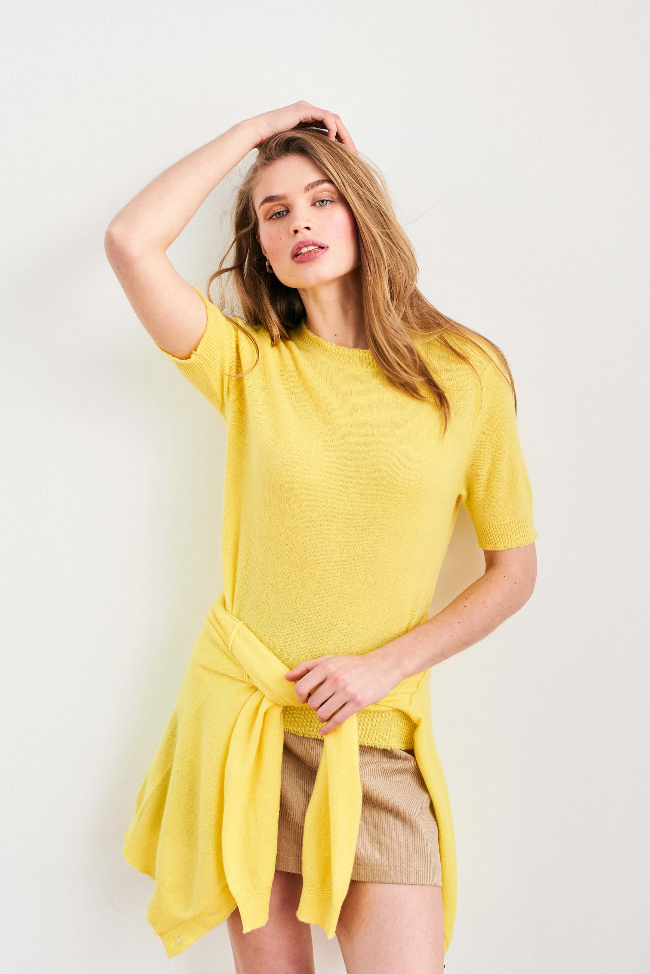 Cashmere Distressed Vee Cardigan in Yellow - Image 5