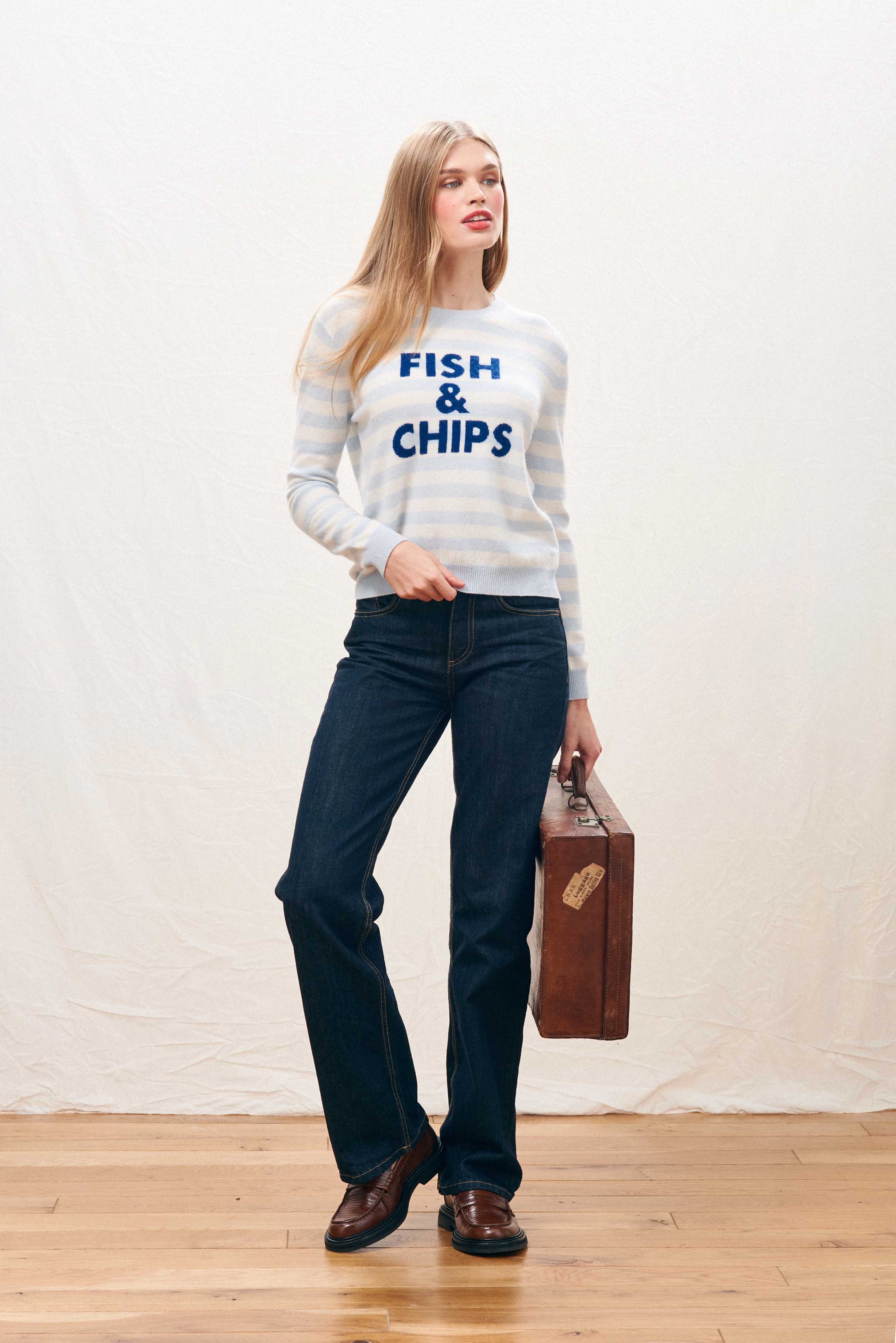 Cashmere Fish and Chips Crew in Pale Blue and Cream - Image 2