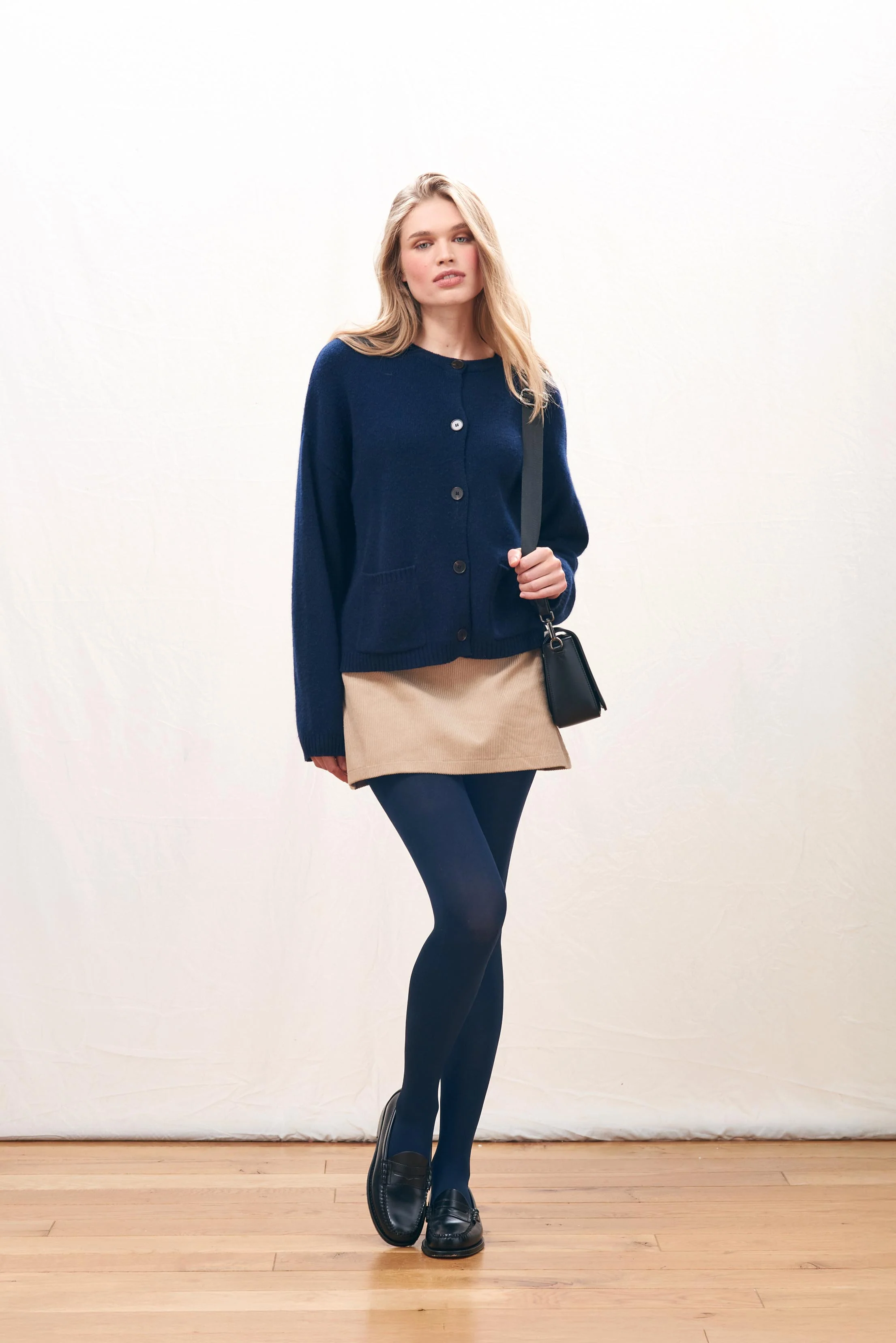 Cashmere Heavy Crew Cardigan in Navy - Image 3