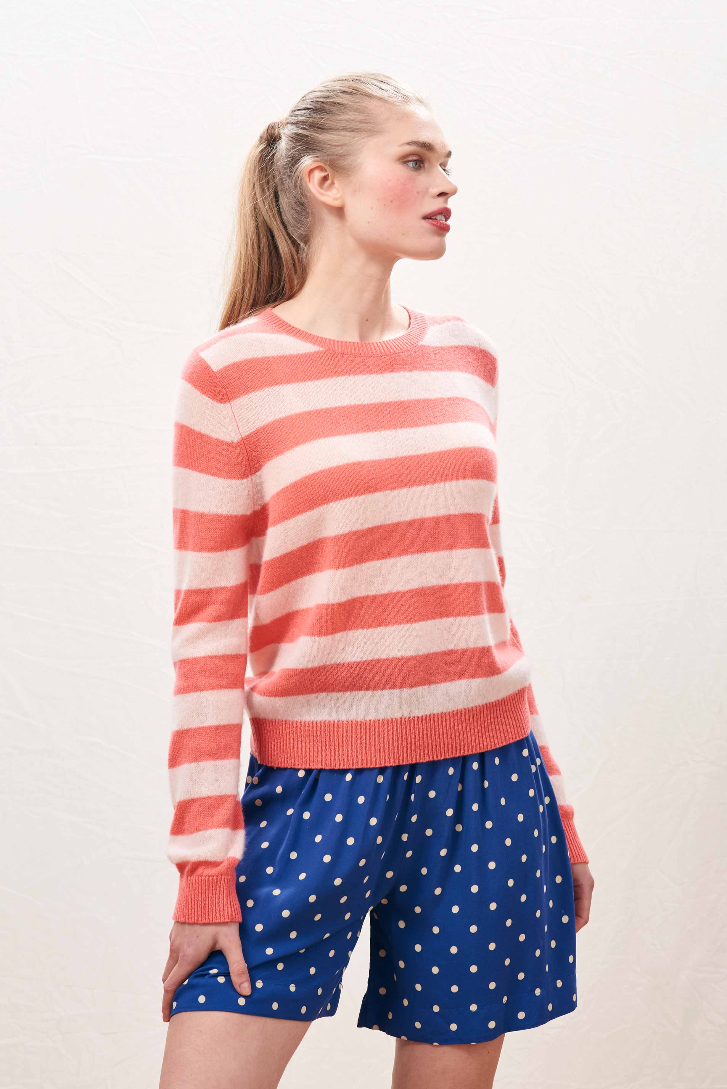 Cashmere Stripe Crew in Coral - Image 2