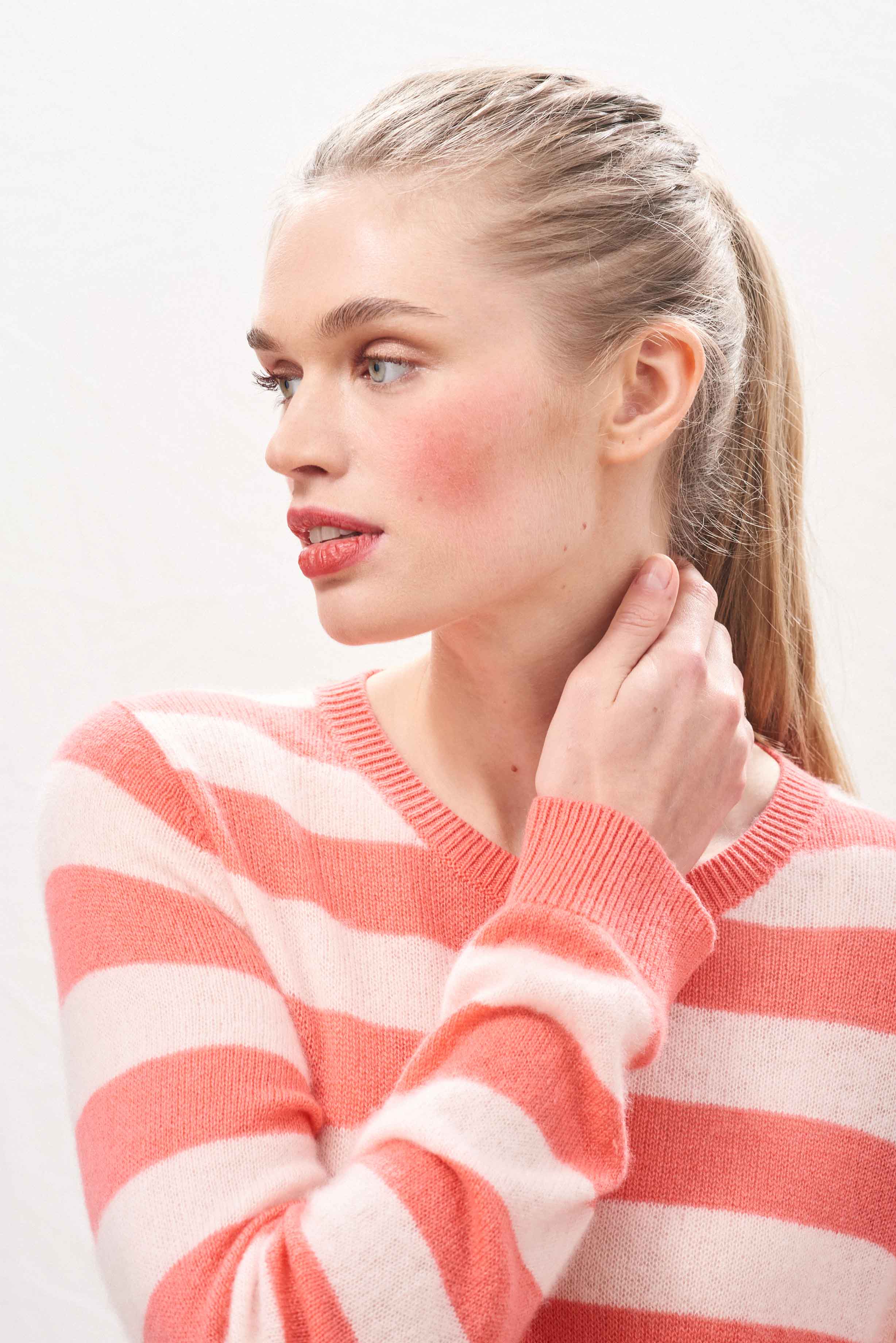 Cashmere Stripe Crew in Coral - Image 3