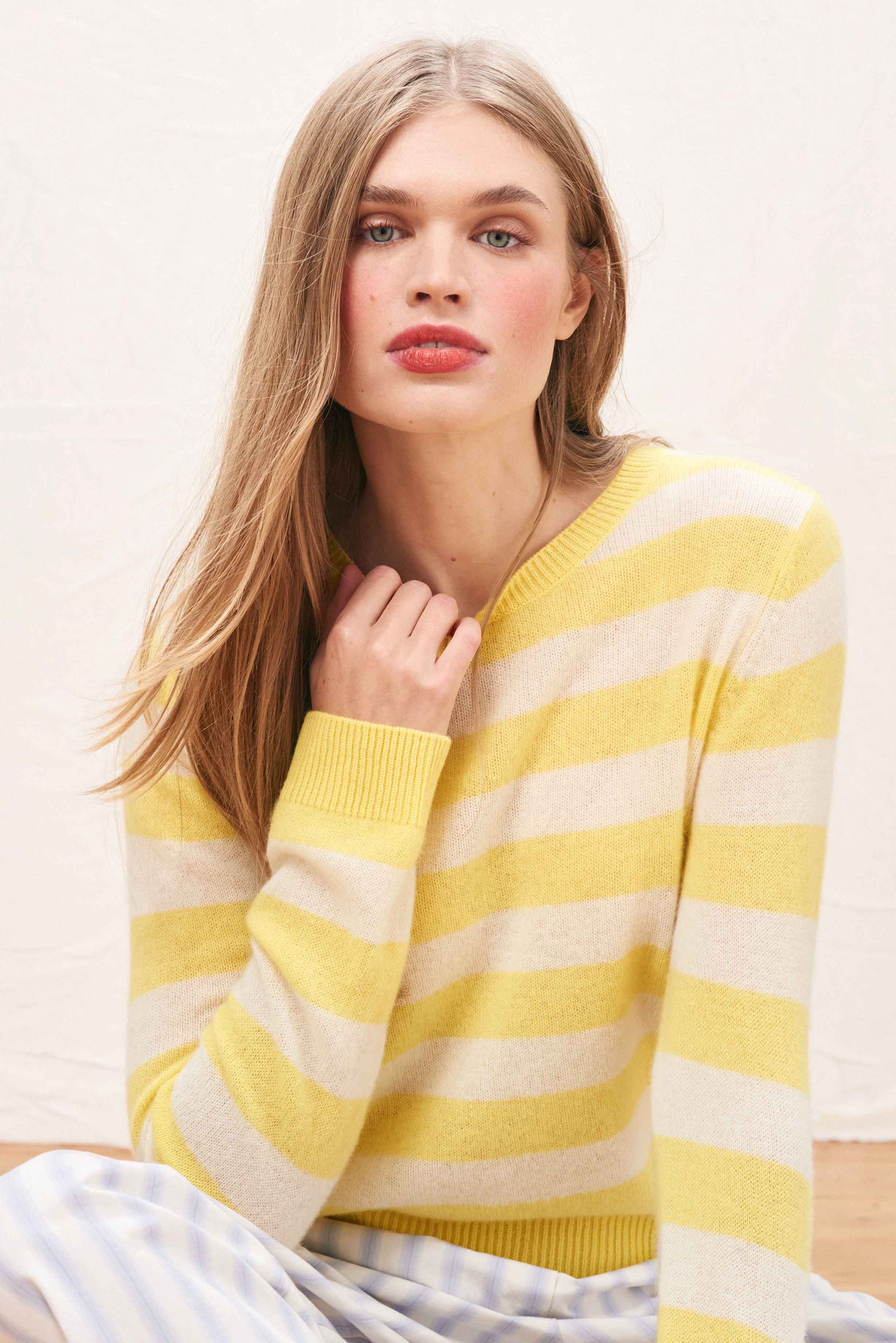 Cashmere Stripe Crew in Pink and Yellow - Image 3