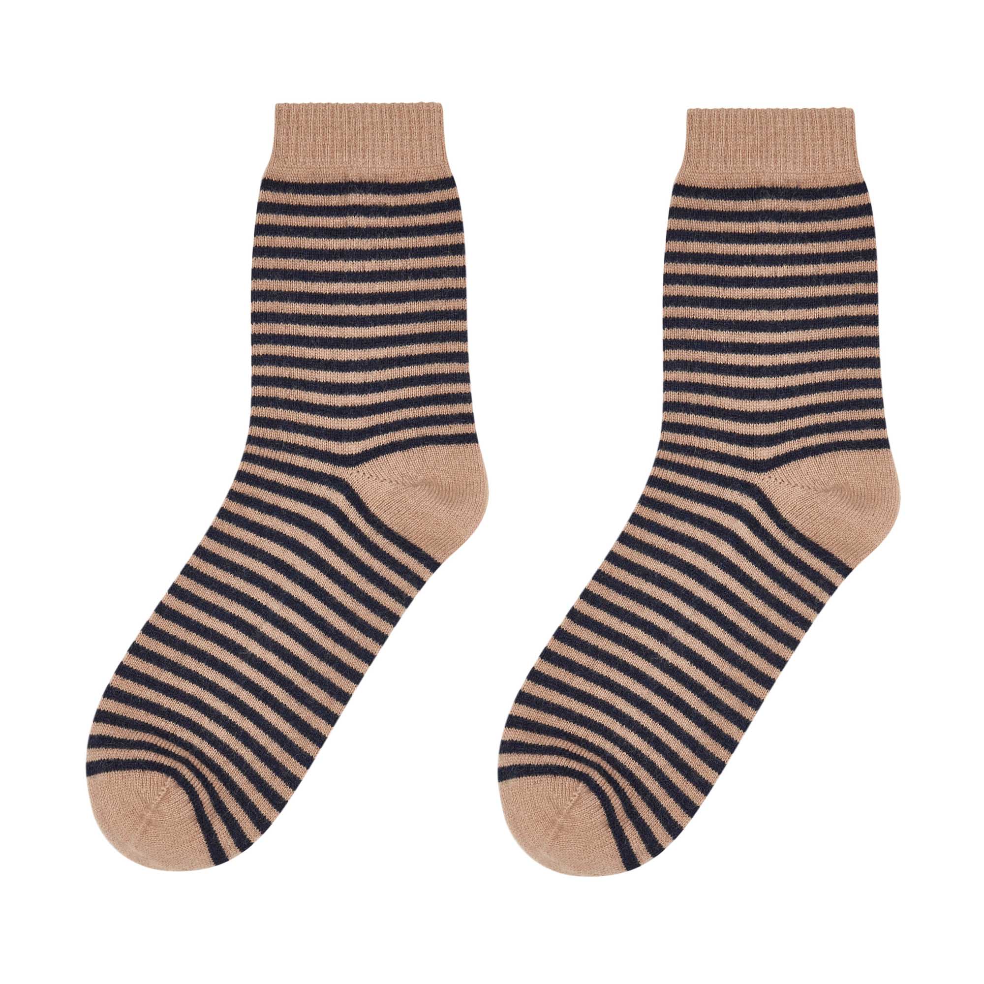 Cashmere Stripe Socks in Camel and Navy