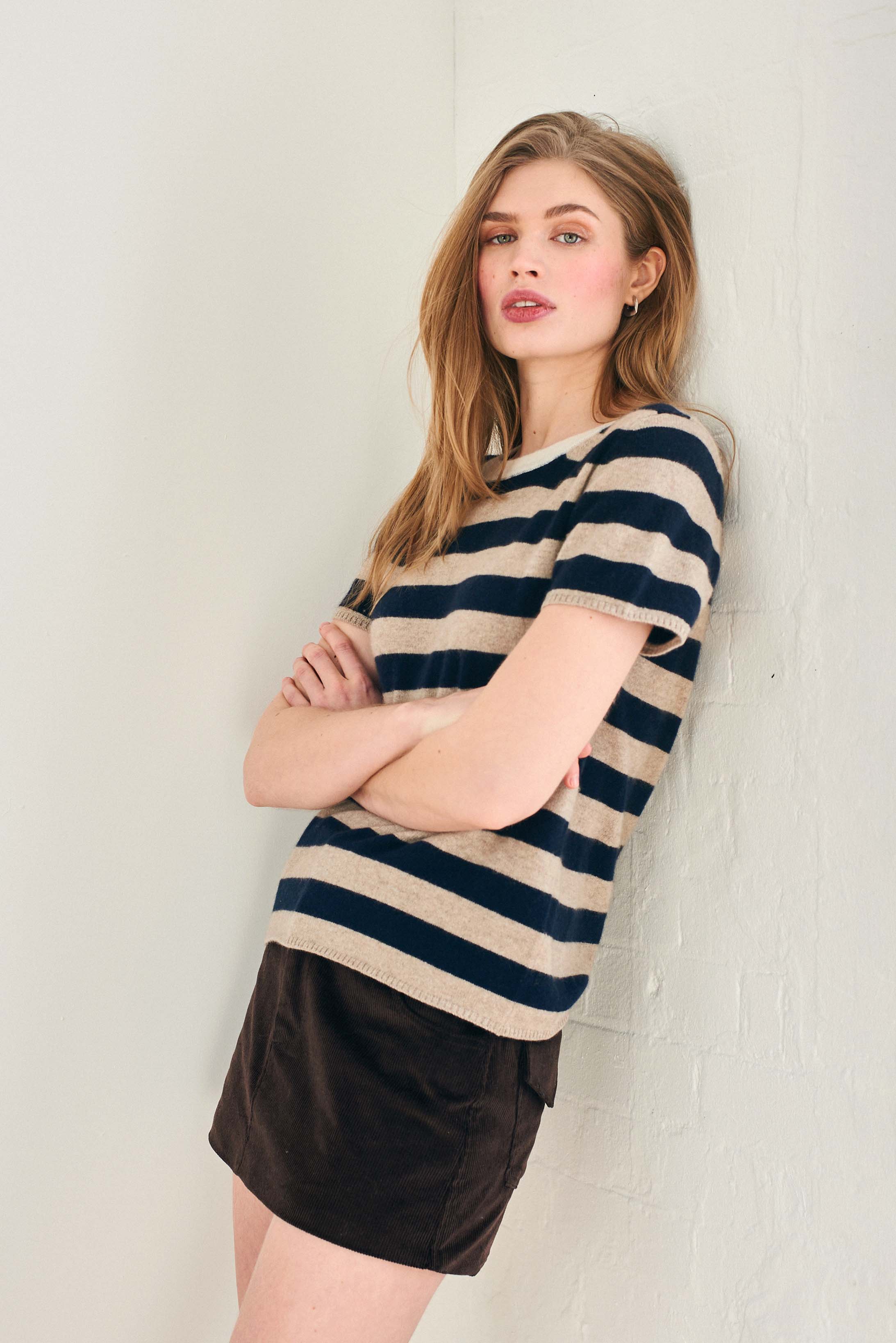 Cashmere Stripe T-Shirt in Navy and Cream - Image 3
