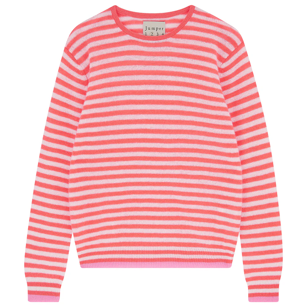 Cashmere Tipped Little Stripe Crew in Coral