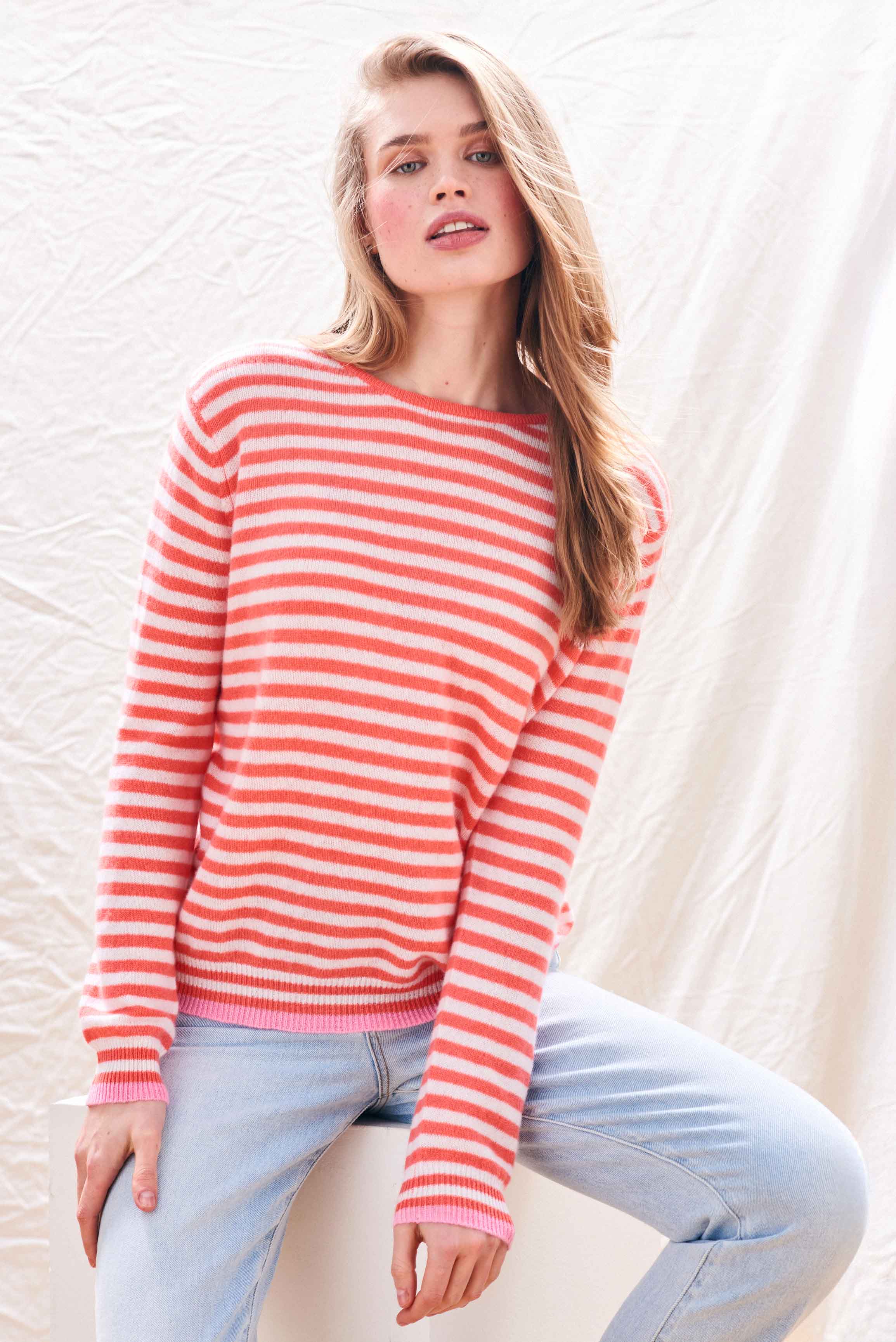 Cashmere Tipped Little Stripe Crew in Coral - Image 2