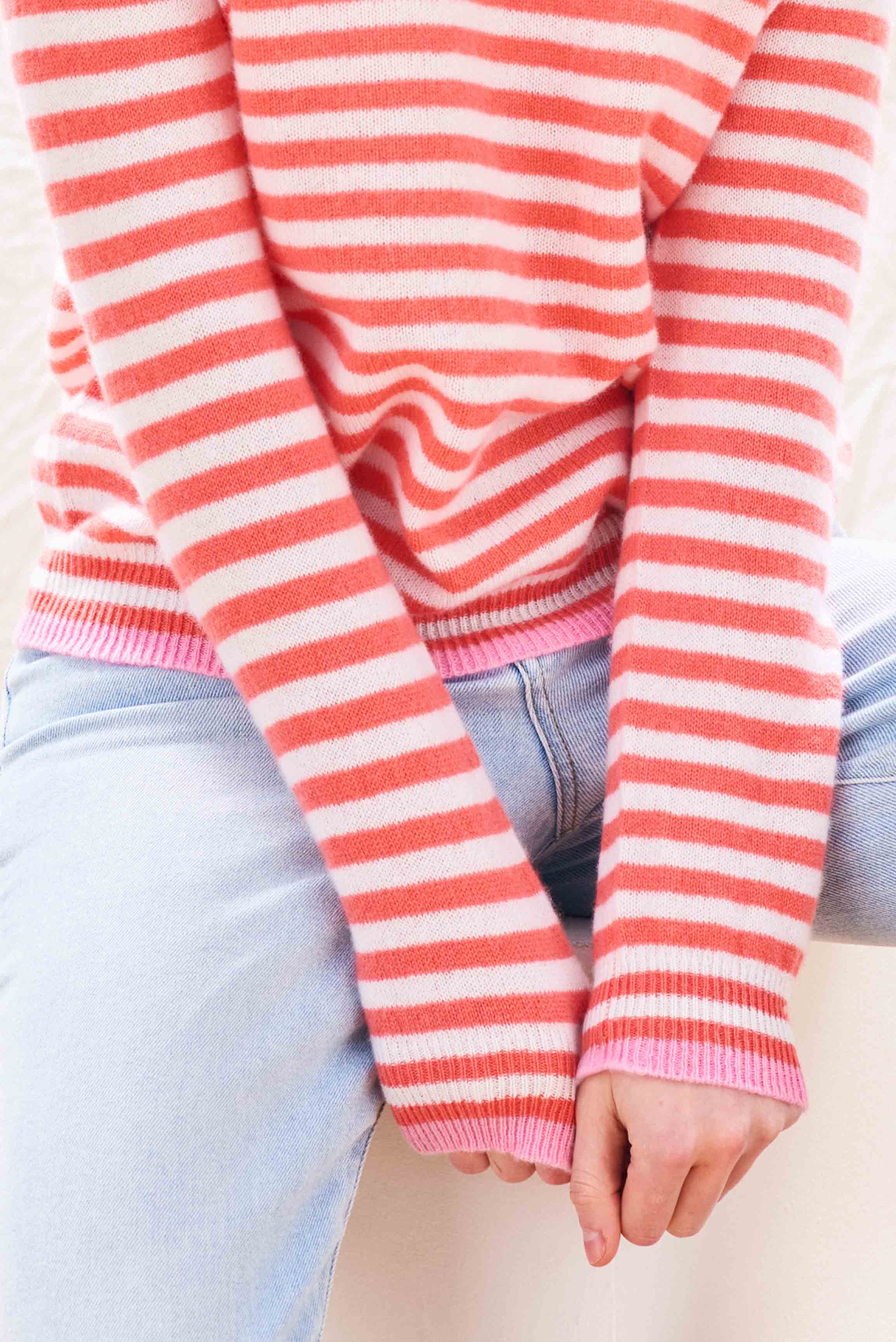 Cashmere Tipped Little Stripe Crew in Coral - Image 3