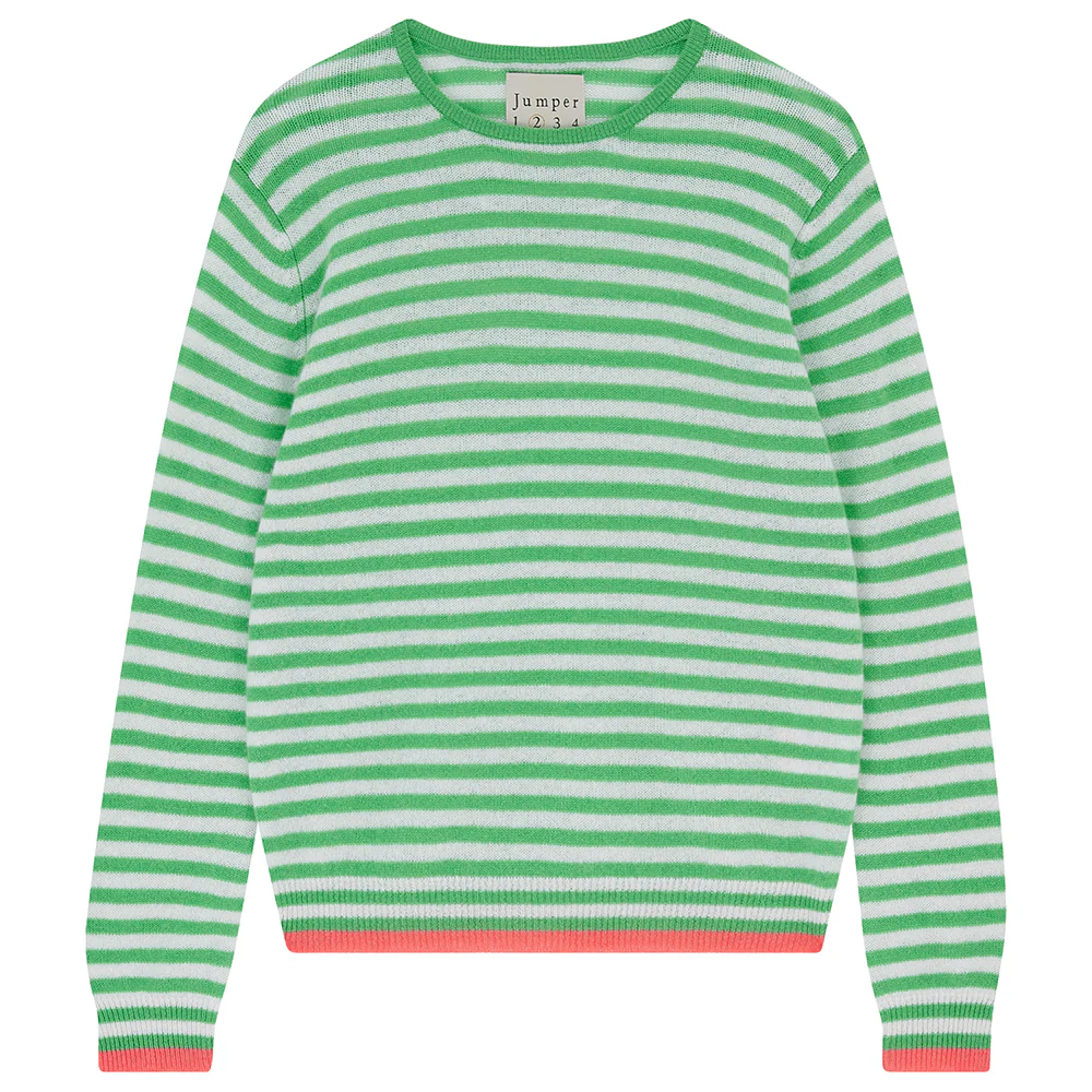 Cashmere Tipped Little Stripe Crew in Green