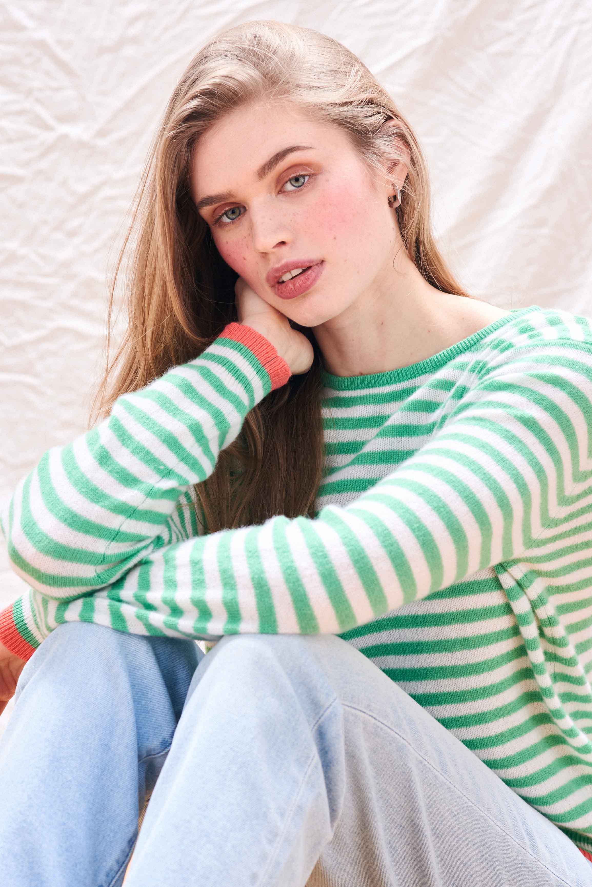 Cashmere Tipped Little Stripe Crew in Green - Image 3