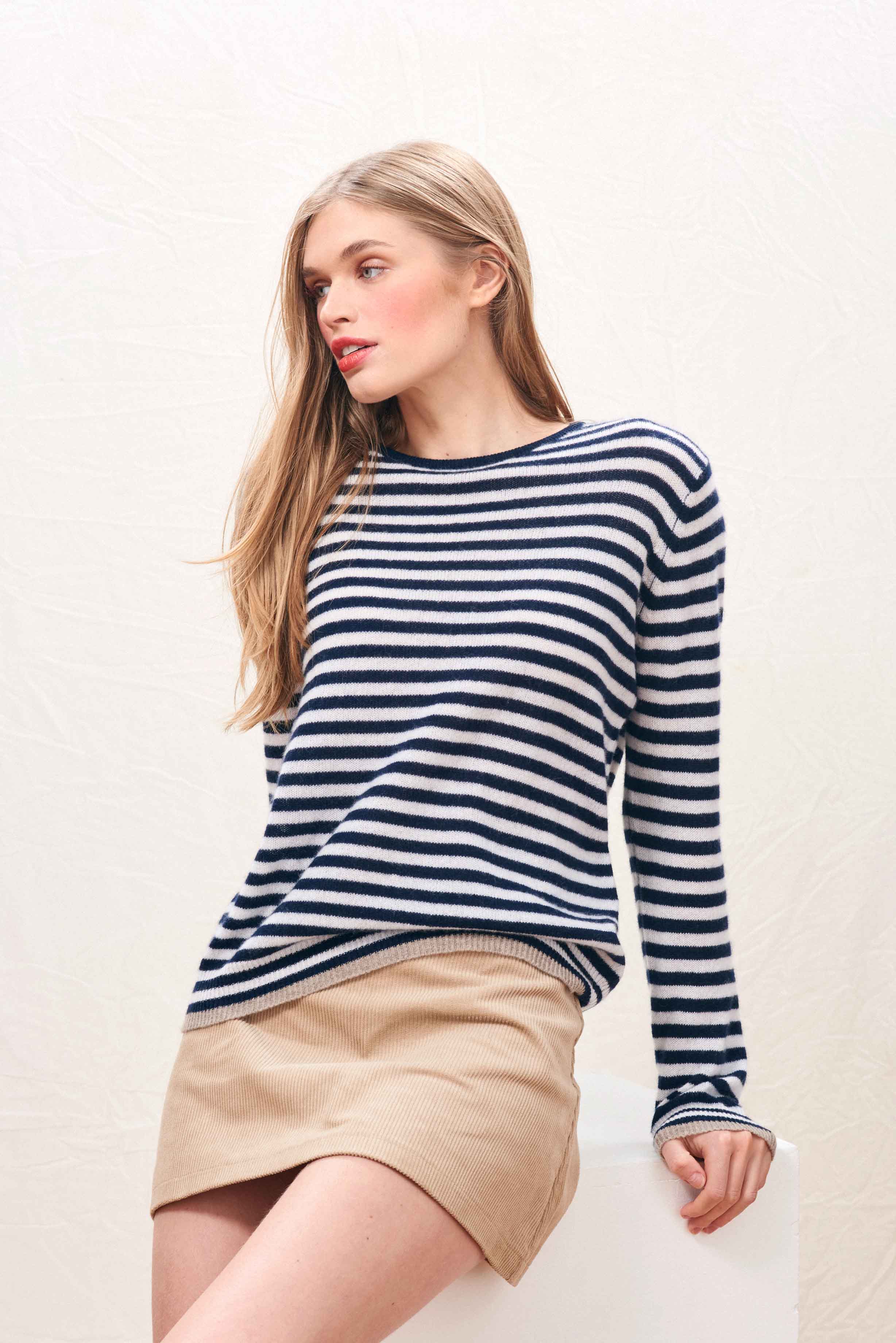Cashmere Tipped Little Stripe Crew in Navy - Image 3