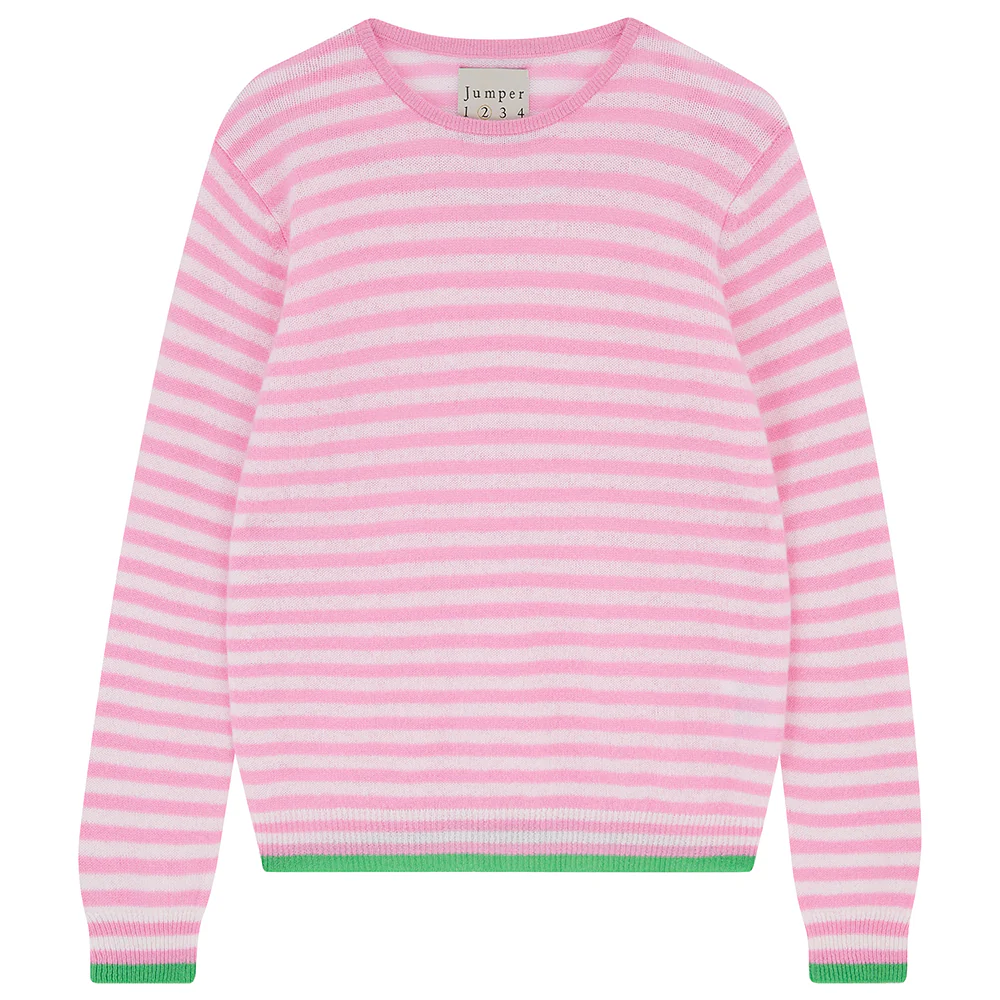 Cashmere Tipped Little Stripe Crew in Pink