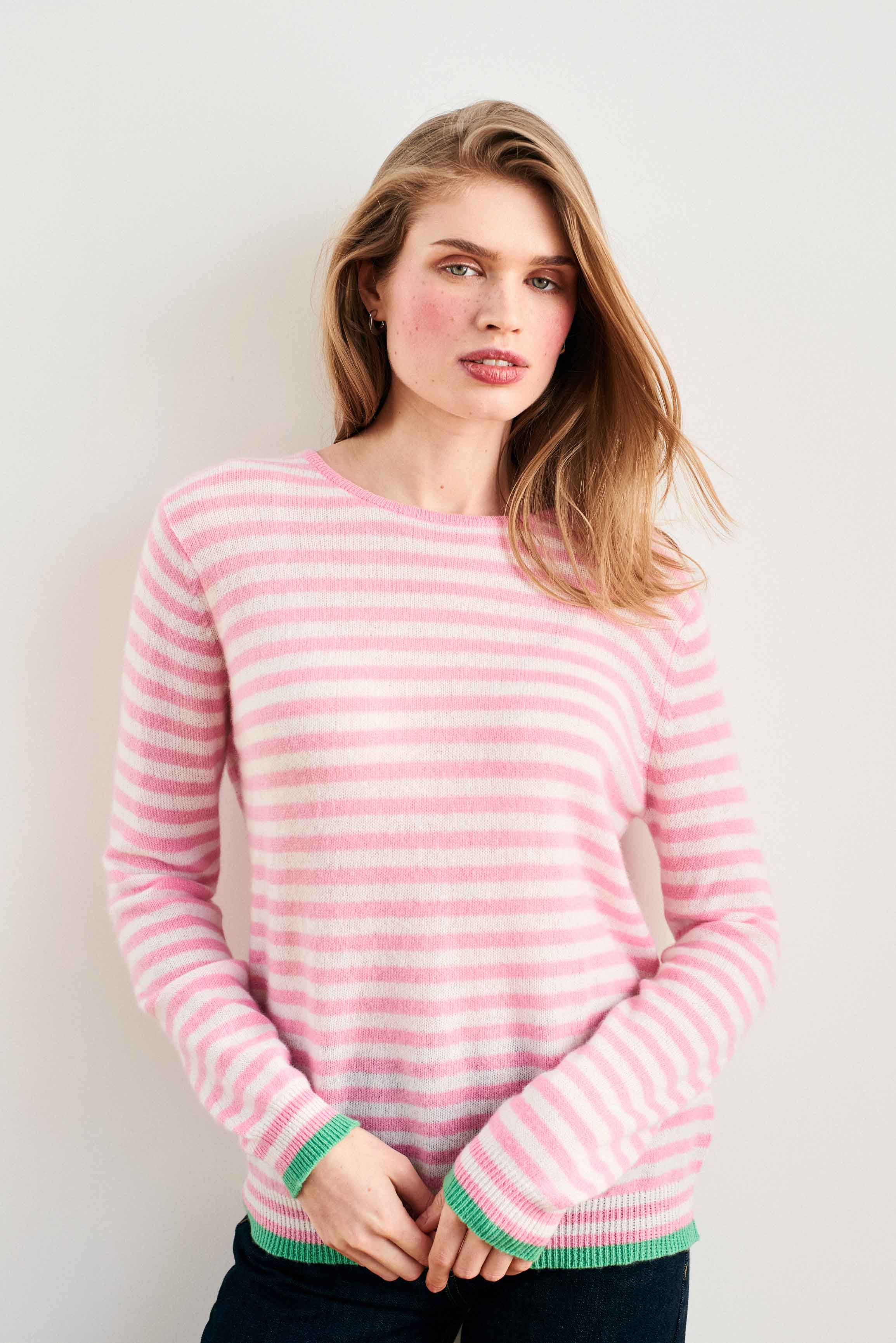 Cashmere Tipped Little Stripe Crew in Pink - Image 2