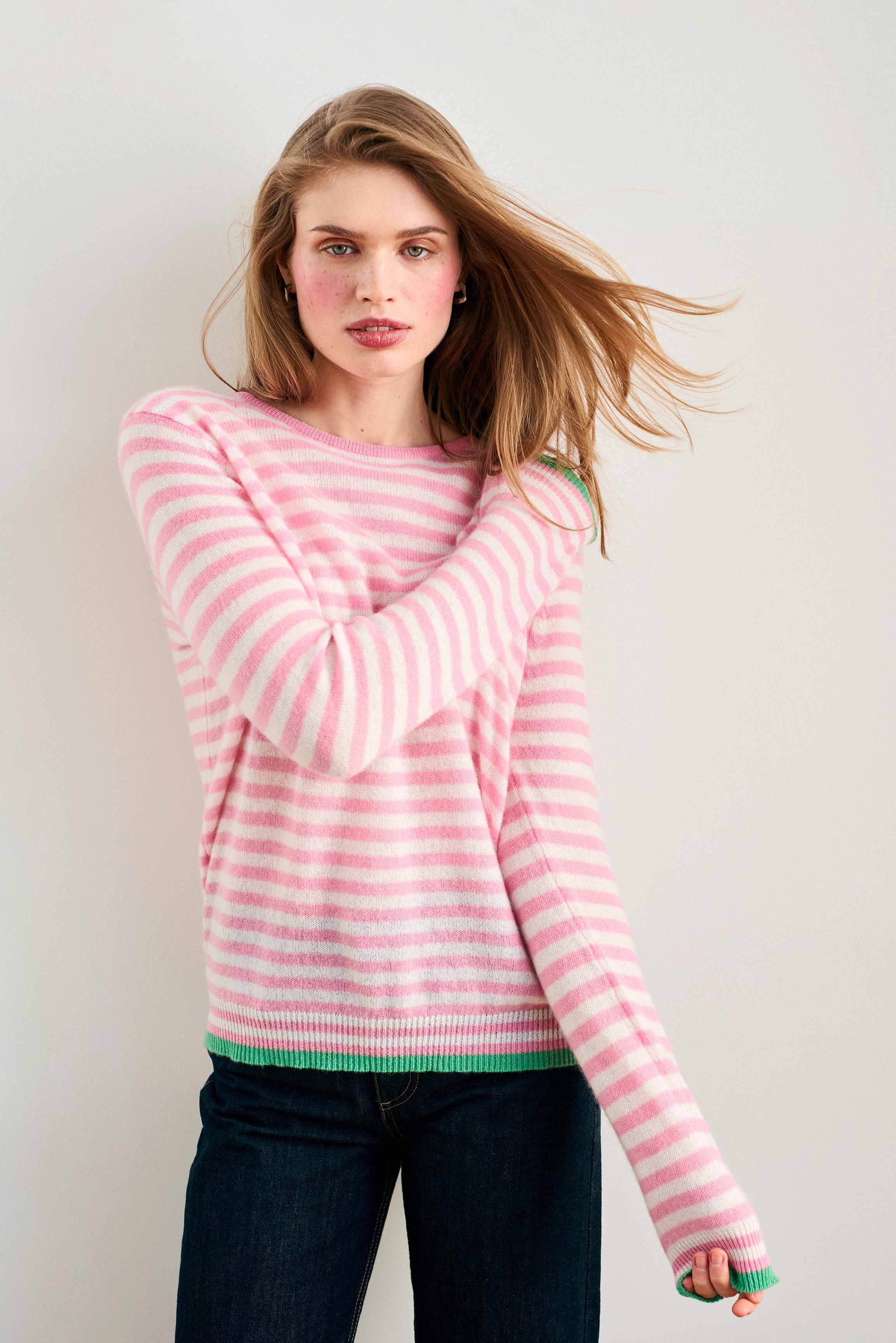 Cashmere Tipped Little Stripe Crew in Pink - Image 3