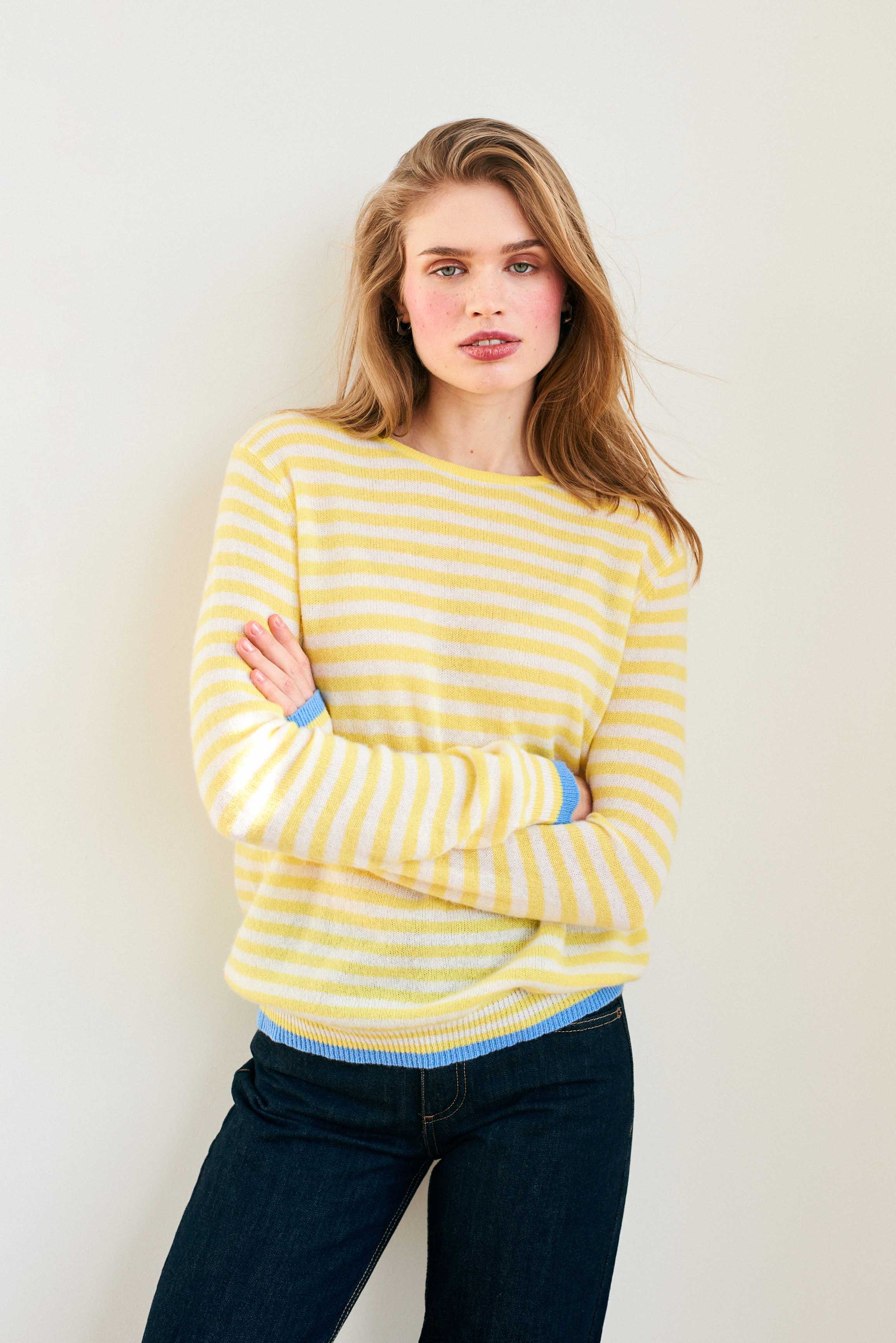Cashmere Tipped Little Stripe Crew in Yellow - Image 2