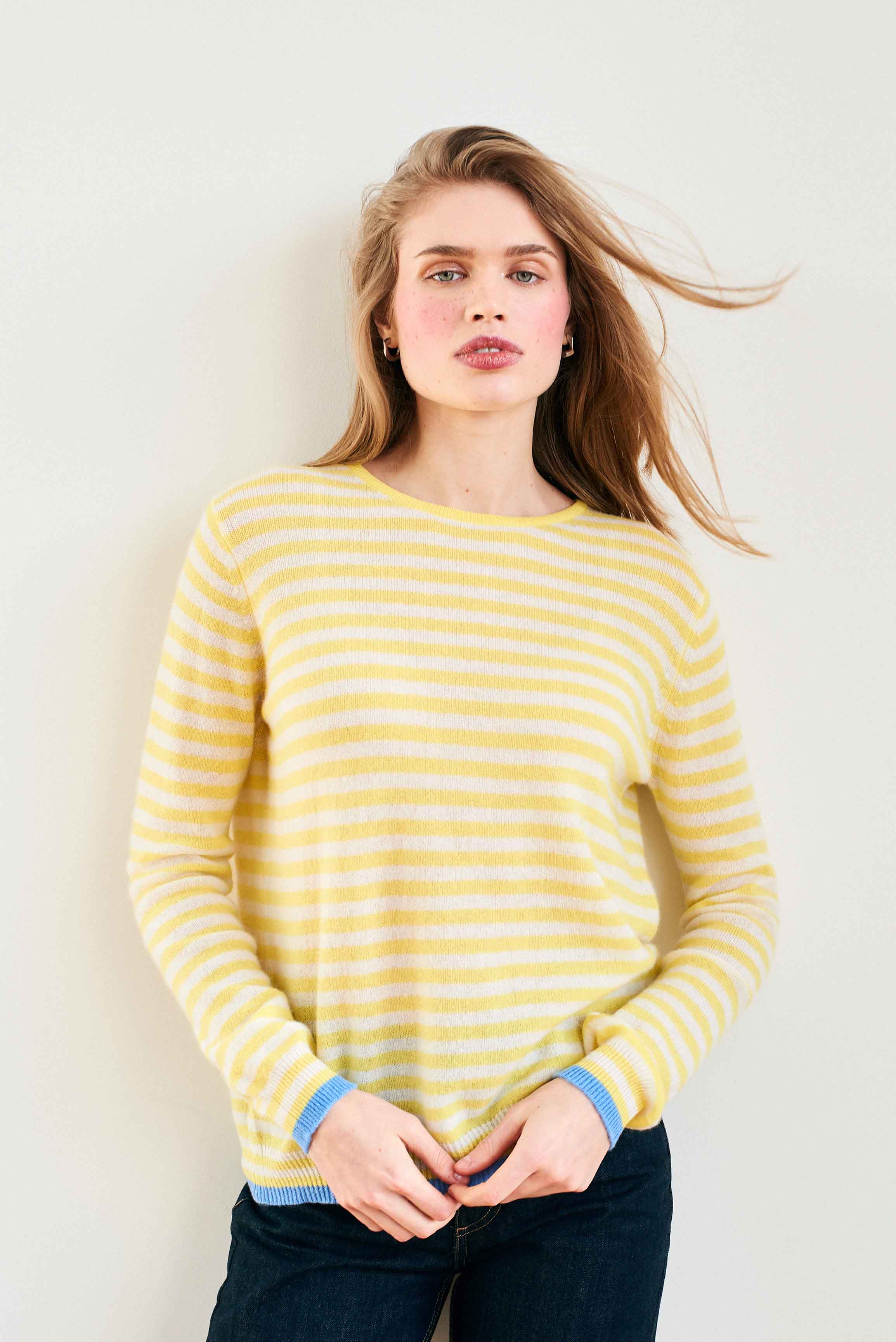 Cashmere Tipped Little Stripe Crew in Yellow - Image 3