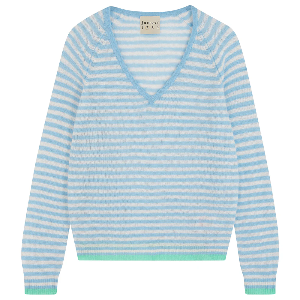 Cashmere Oversized Little Stripe Vee in Blue