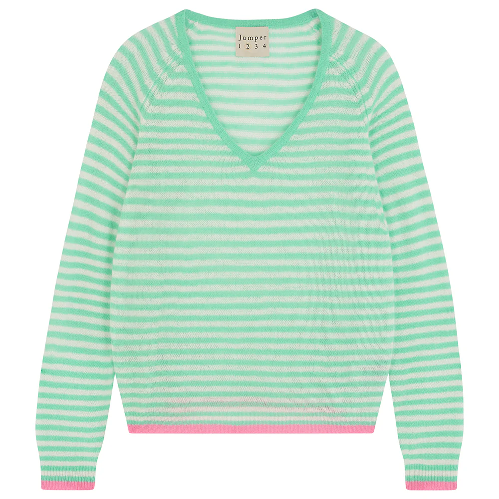 Cashmere Oversized Little Stripe Vee in Green