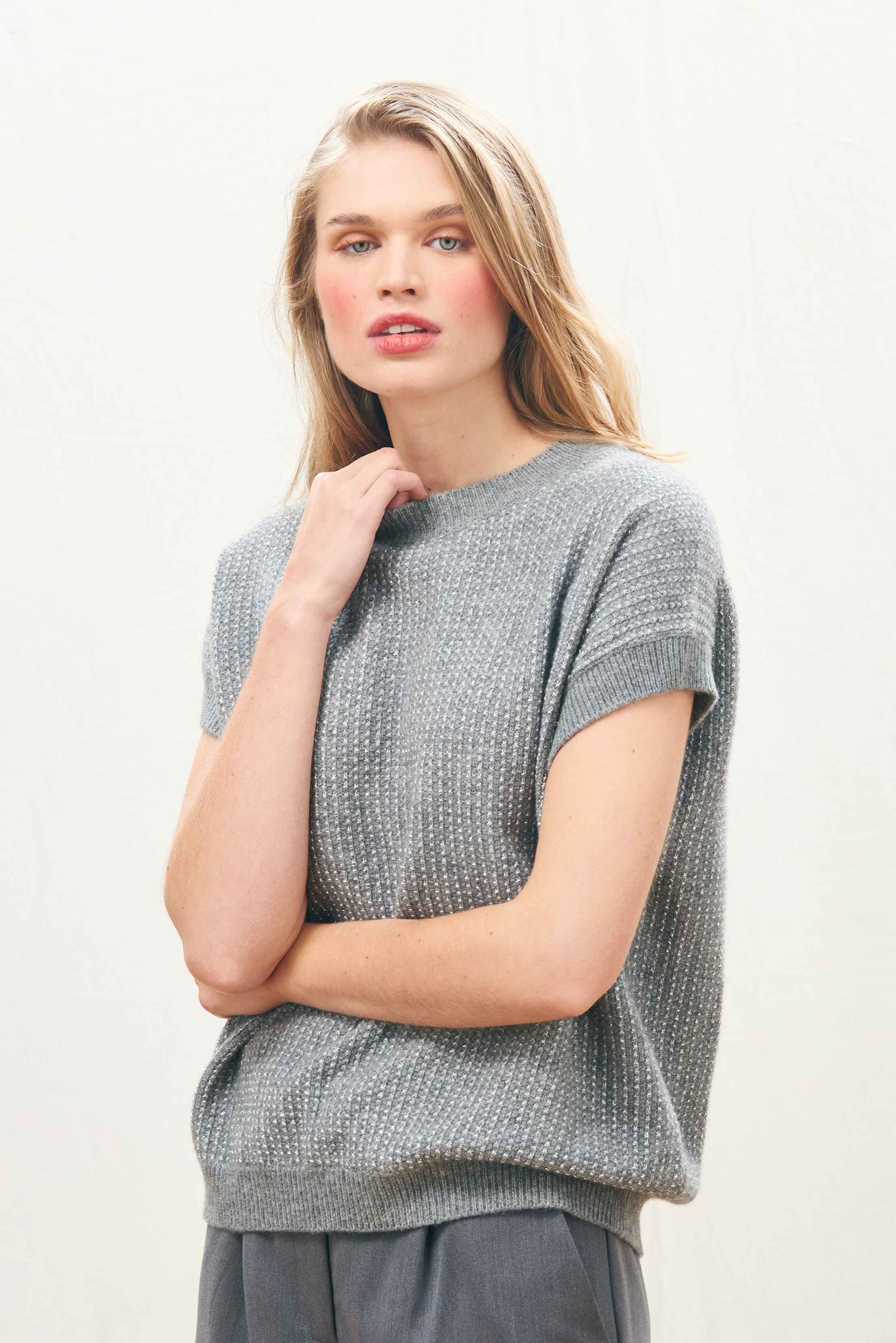 Cashmere Wool Lurex Birdseye Tank in Mid Grey and Silver - Image 2