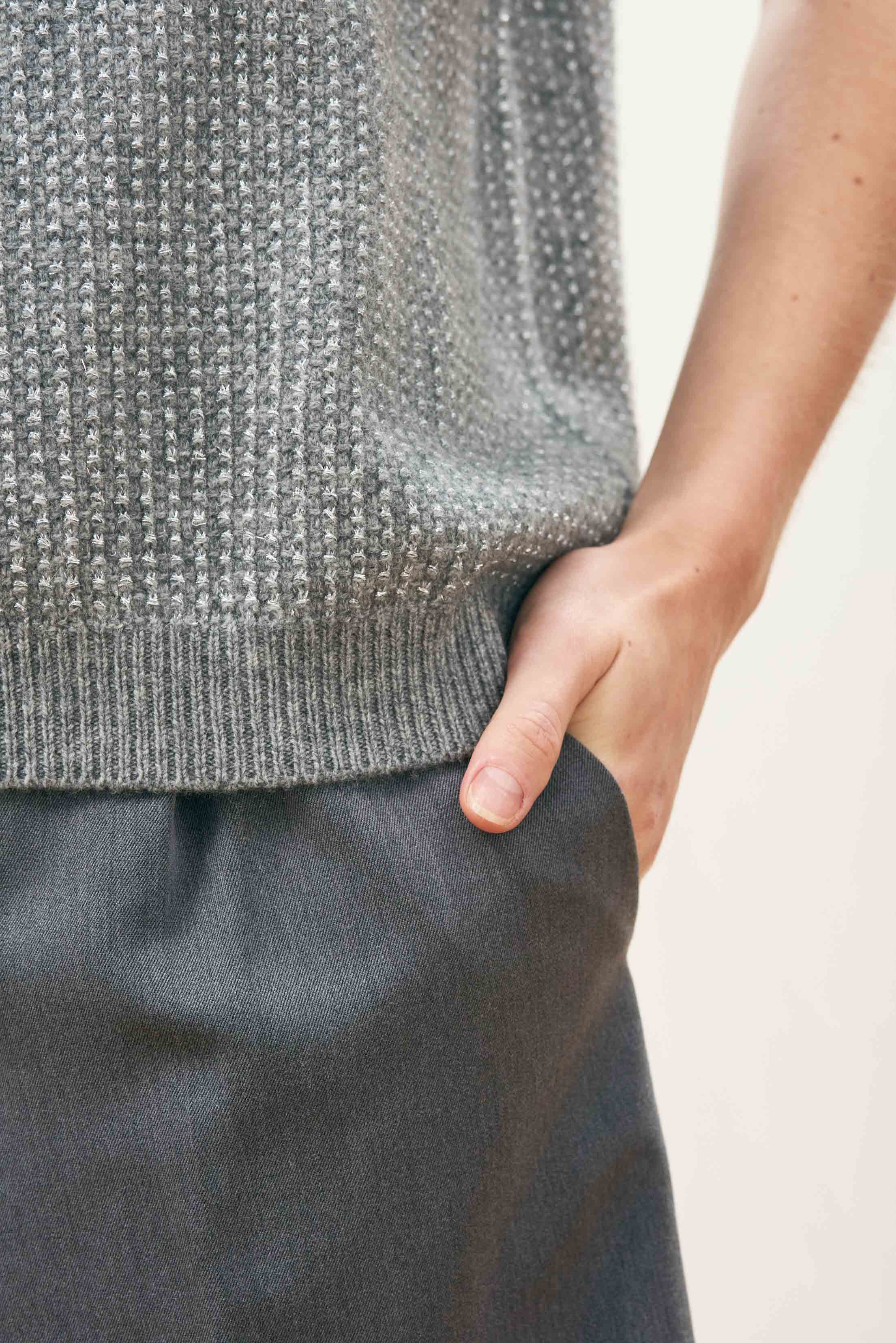 Cashmere Wool Lurex Birdseye Tank in Mid Grey and Silver - Image 3
