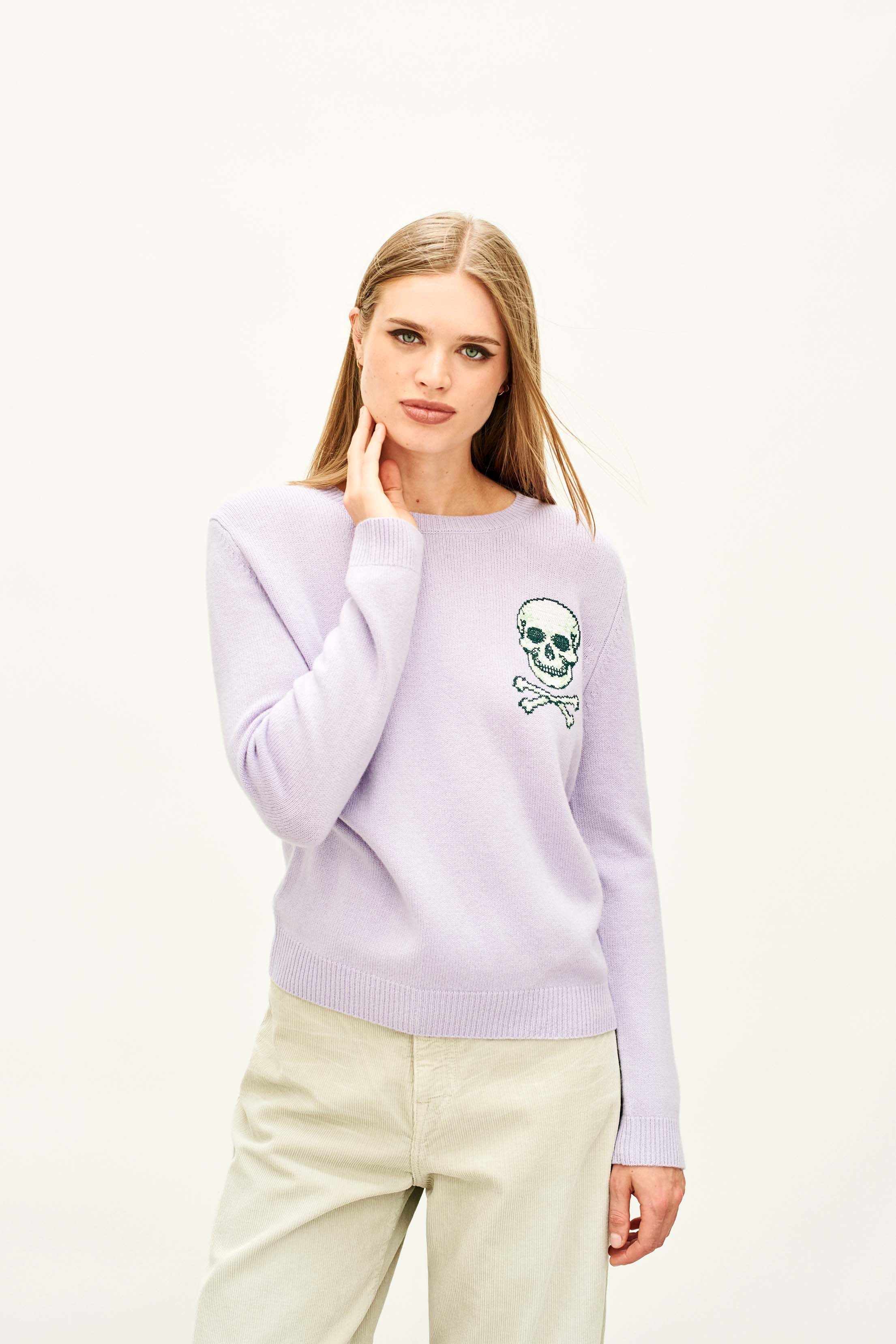 Cashmere Wool Skull Patch Crew in Lilac - Image 2