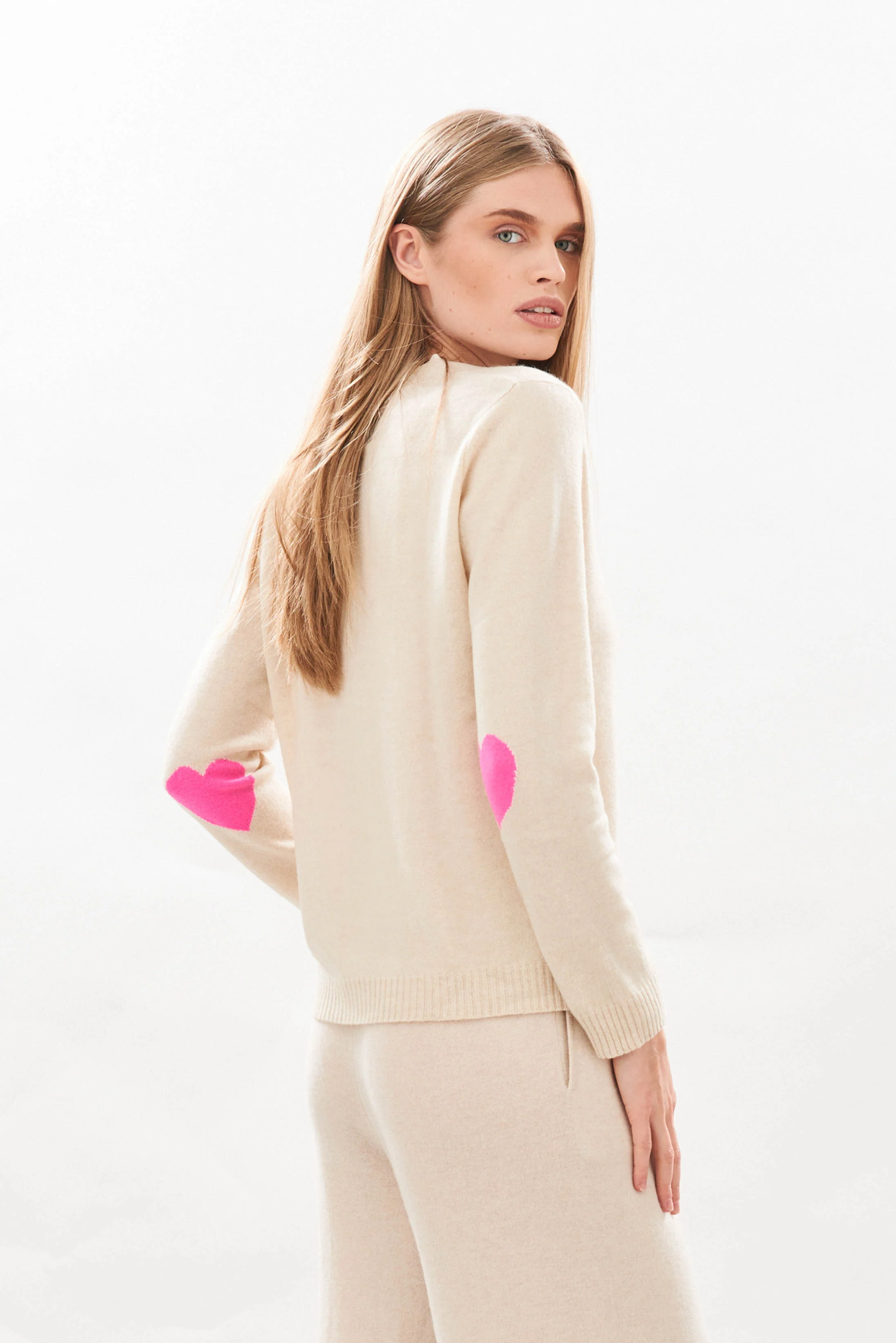 Heart Patch Cashmere Cardigan in Oatmeal and Hot Pink - Image 5