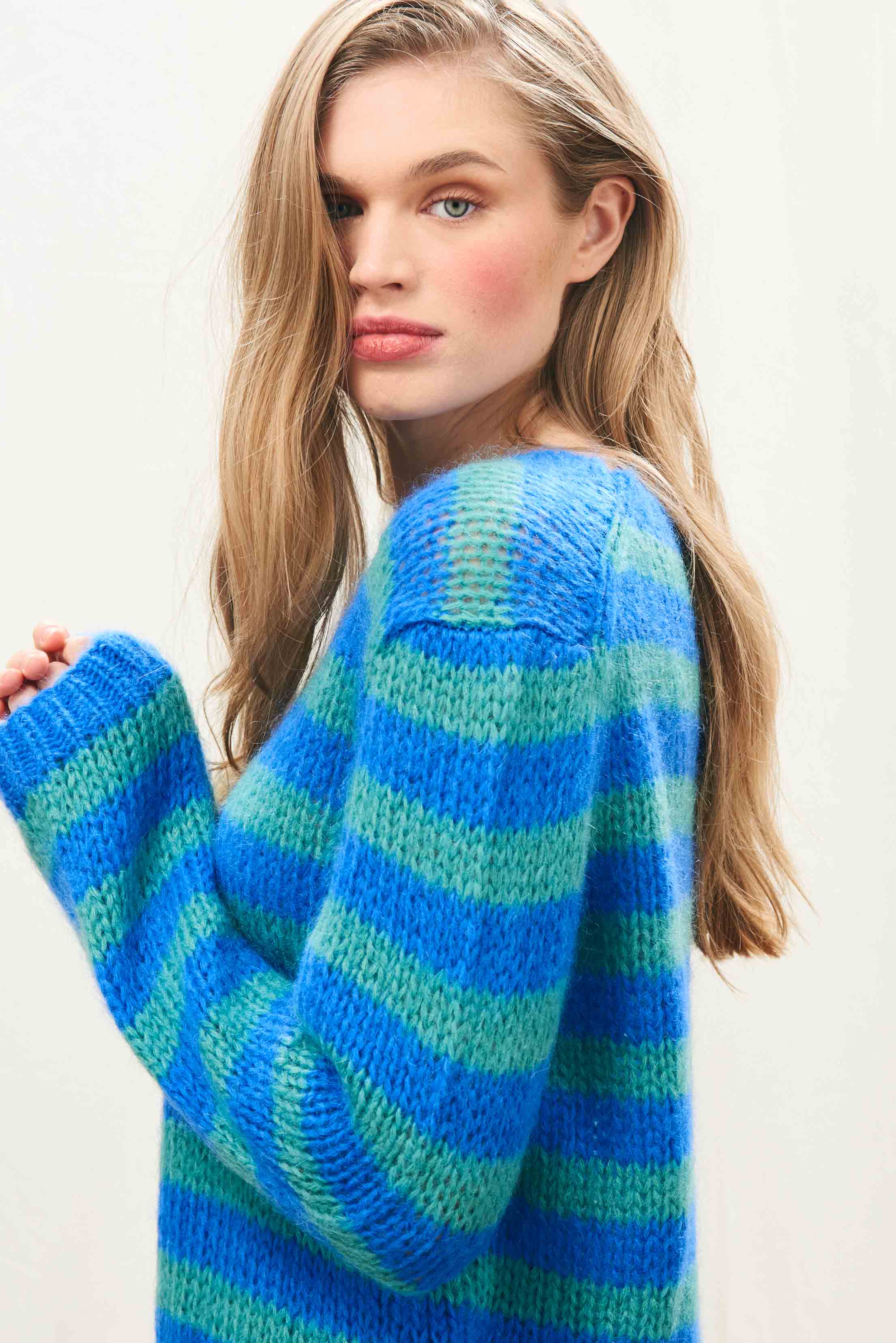 Hand Knit Stripe Crew in Blue and Green - Image 3