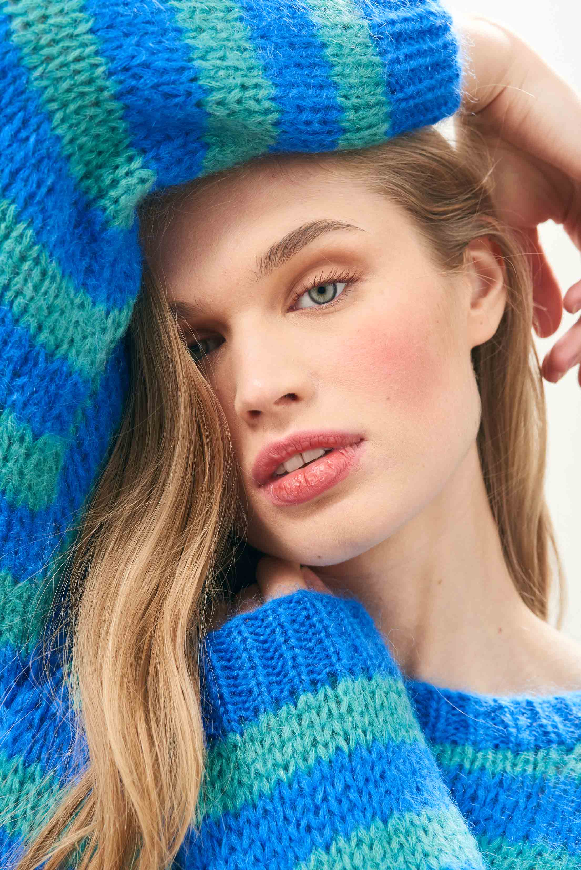 Hand Knit Stripe Crew in Blue and Green - Image 4
