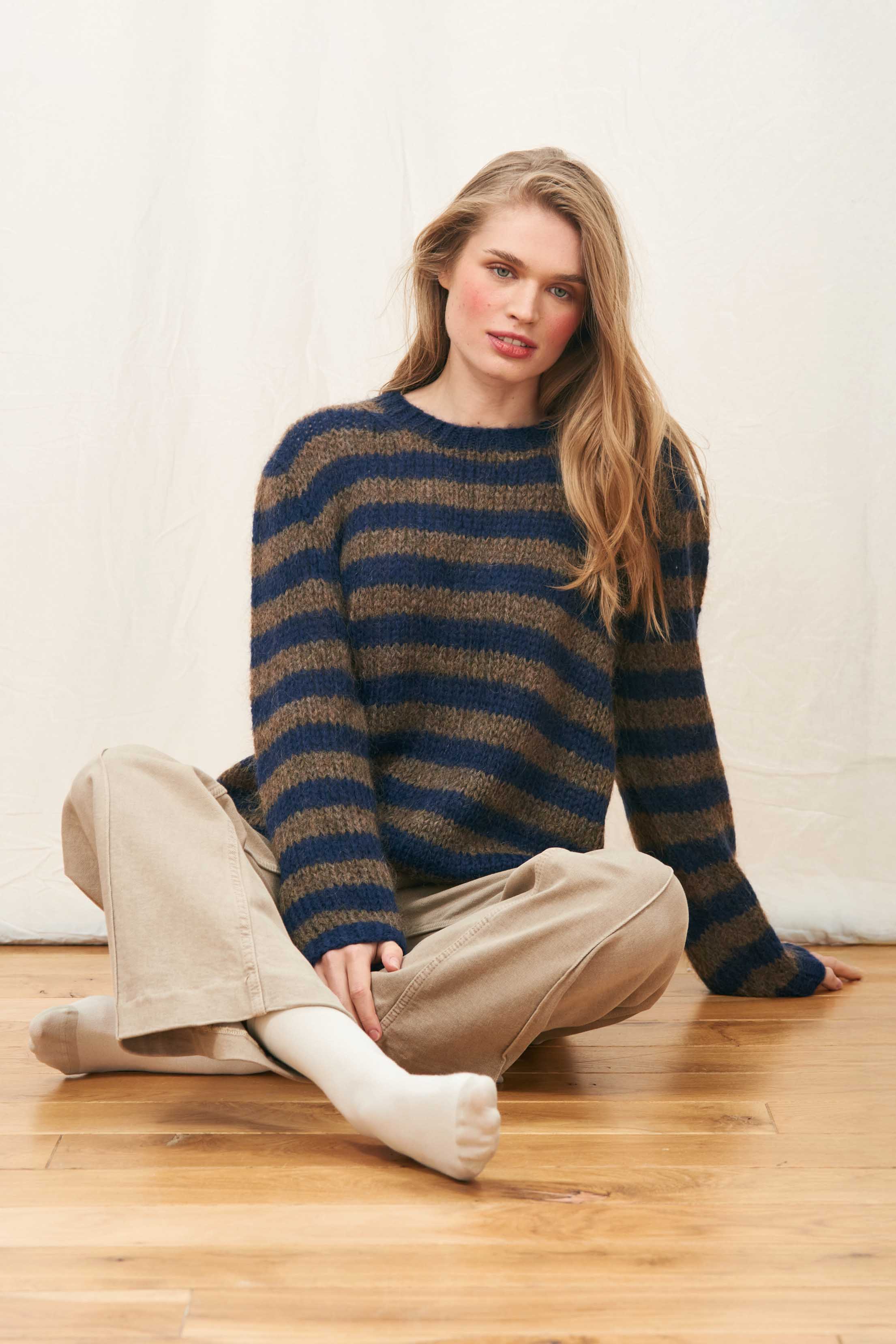 Hand Knit Stripe Crew in Navy and Chocolate - Image 4