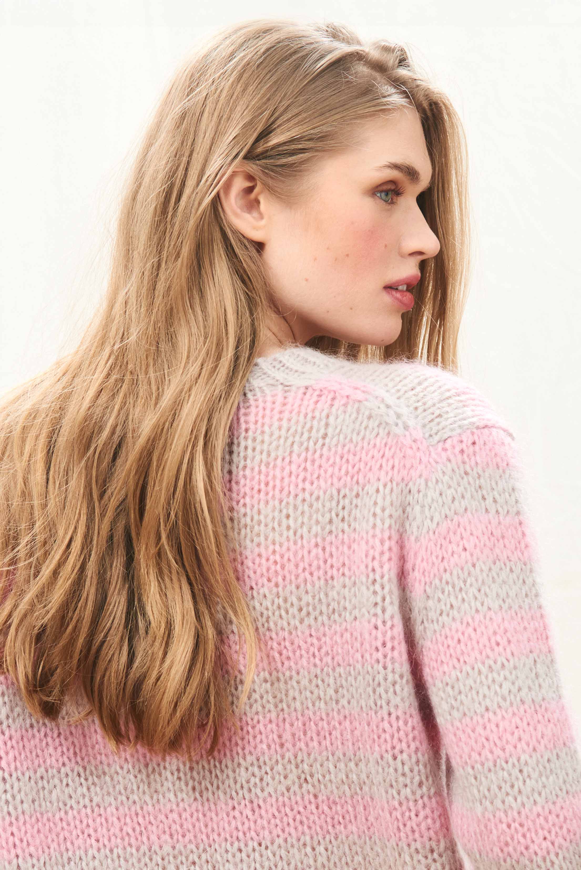 Hand Knit Stripe Crew in Oyster and Pink - Image 3