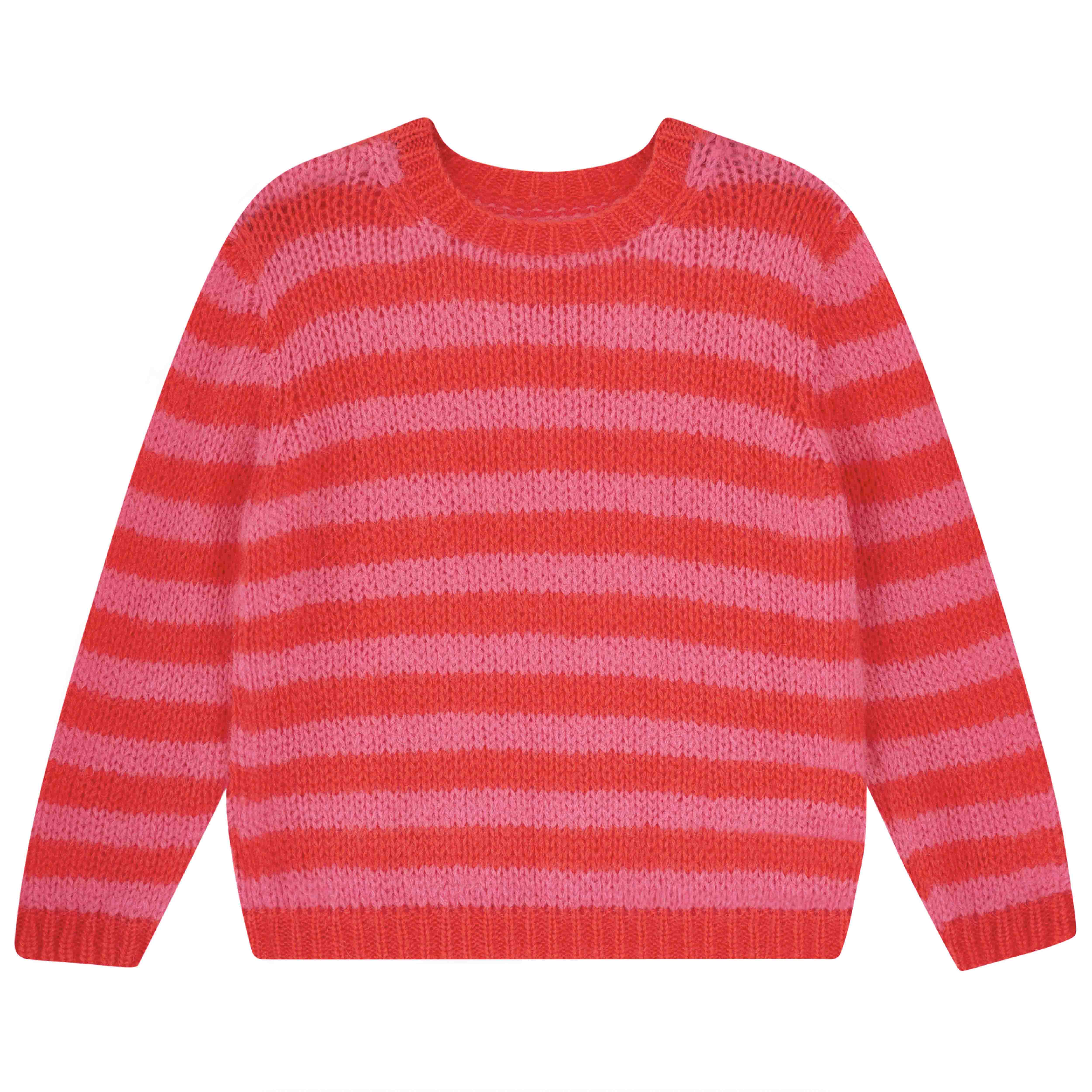Hand Knit Stripe Crew in Pink and Red