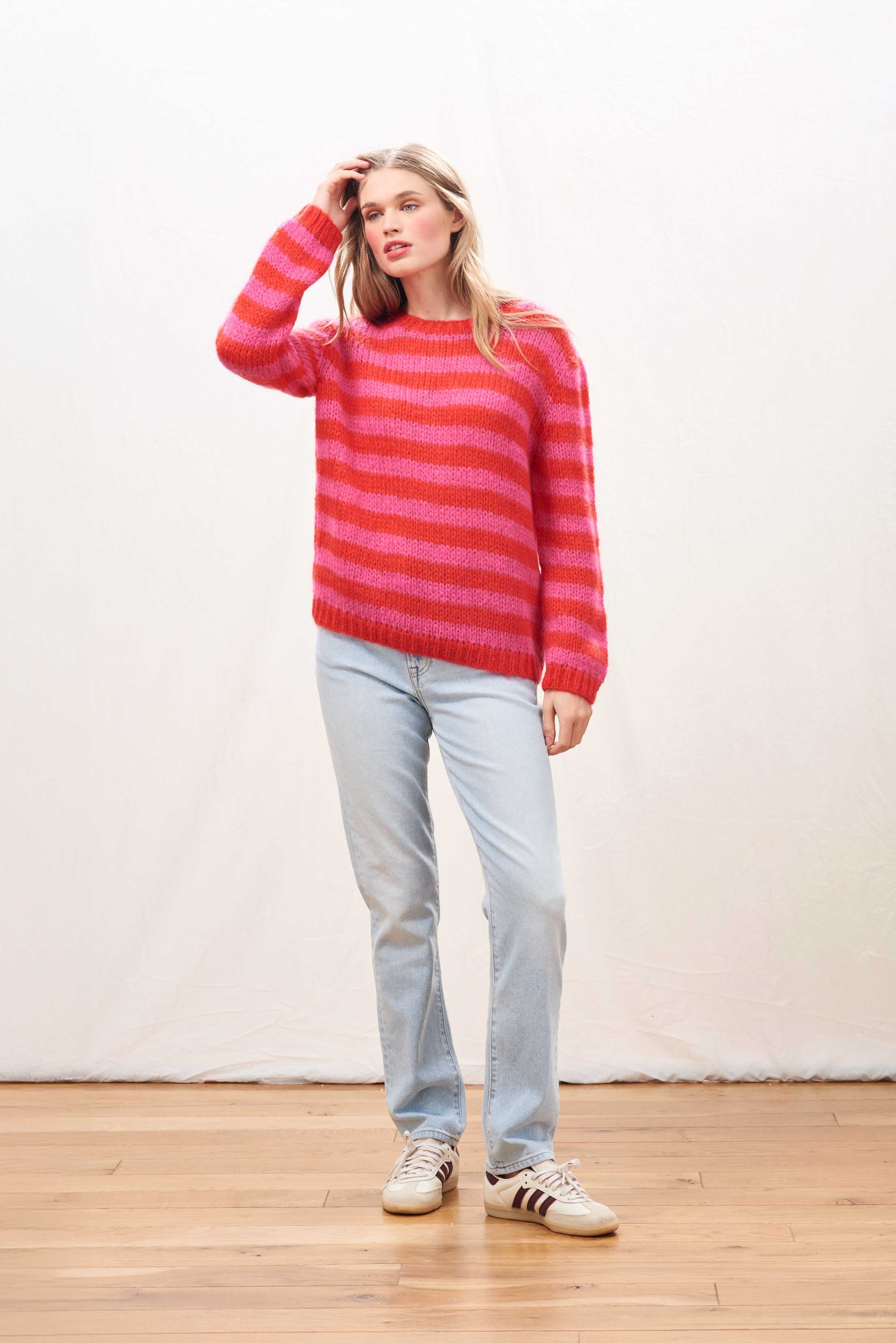 Hand Knit Stripe Crew in Pink and Red - Image 2