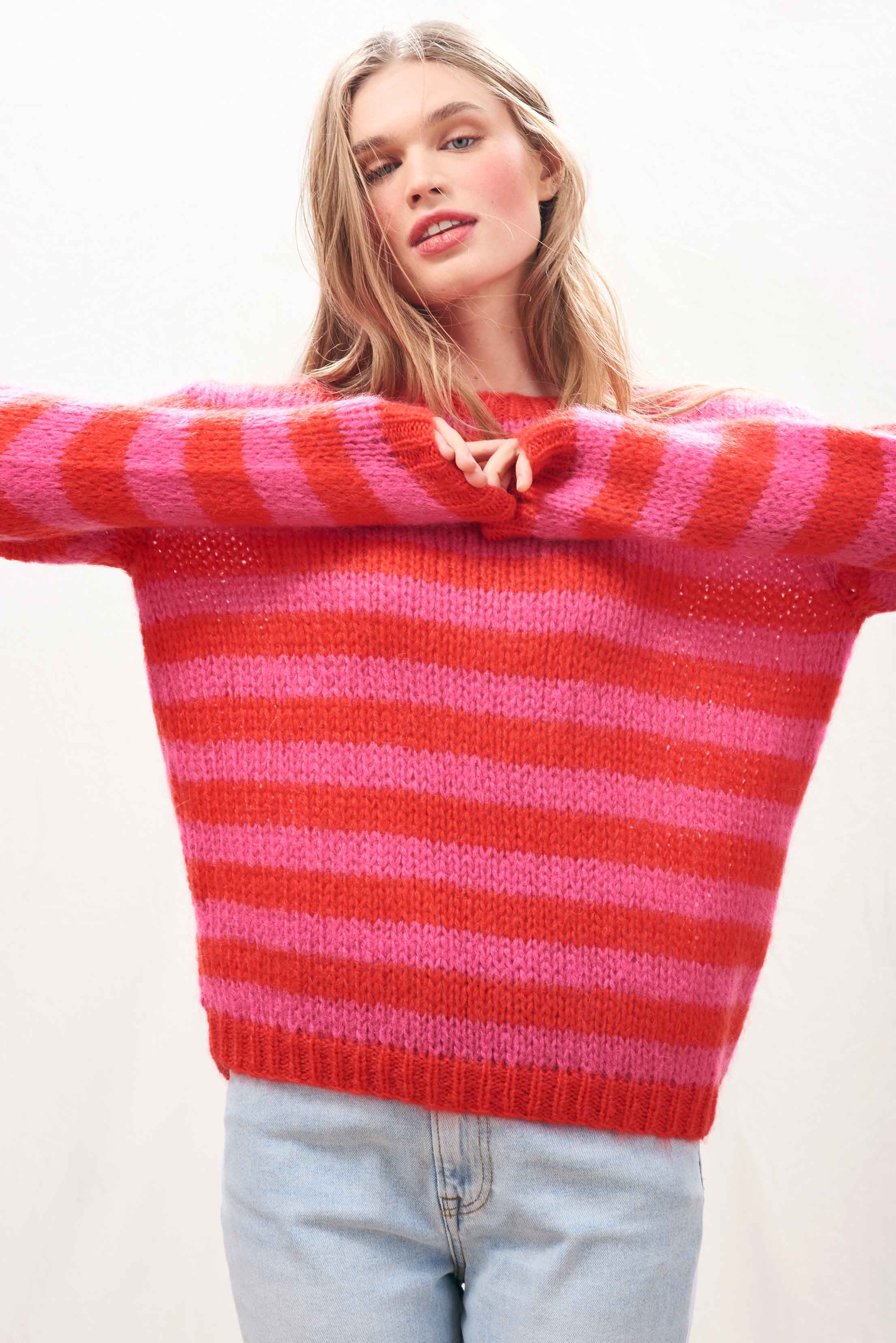 Hand Knit Stripe Crew in Pink and Red - Image 3