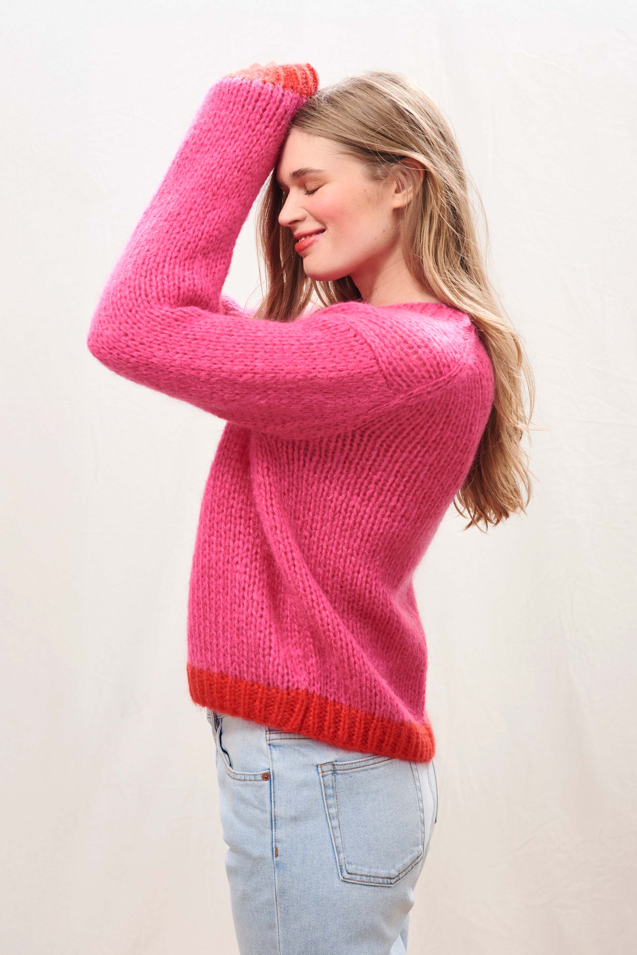 Hand Knit Tipped Crew in Pink and Red - Image 3